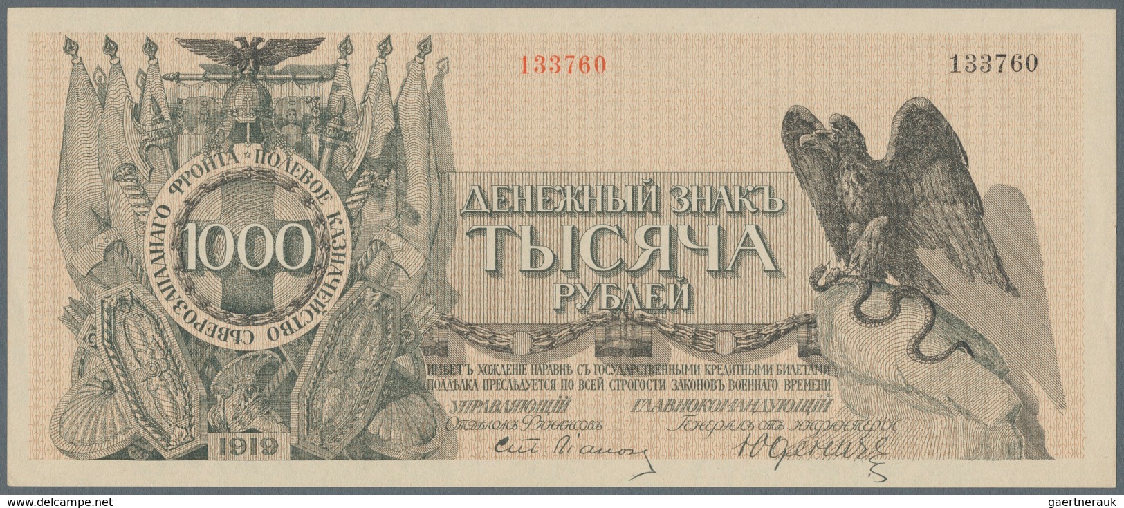 Russia / Russland: Northwest Front 1000 Rubles 1919, P.S210 In Almost Perfect Condition, Just A Few - Russie