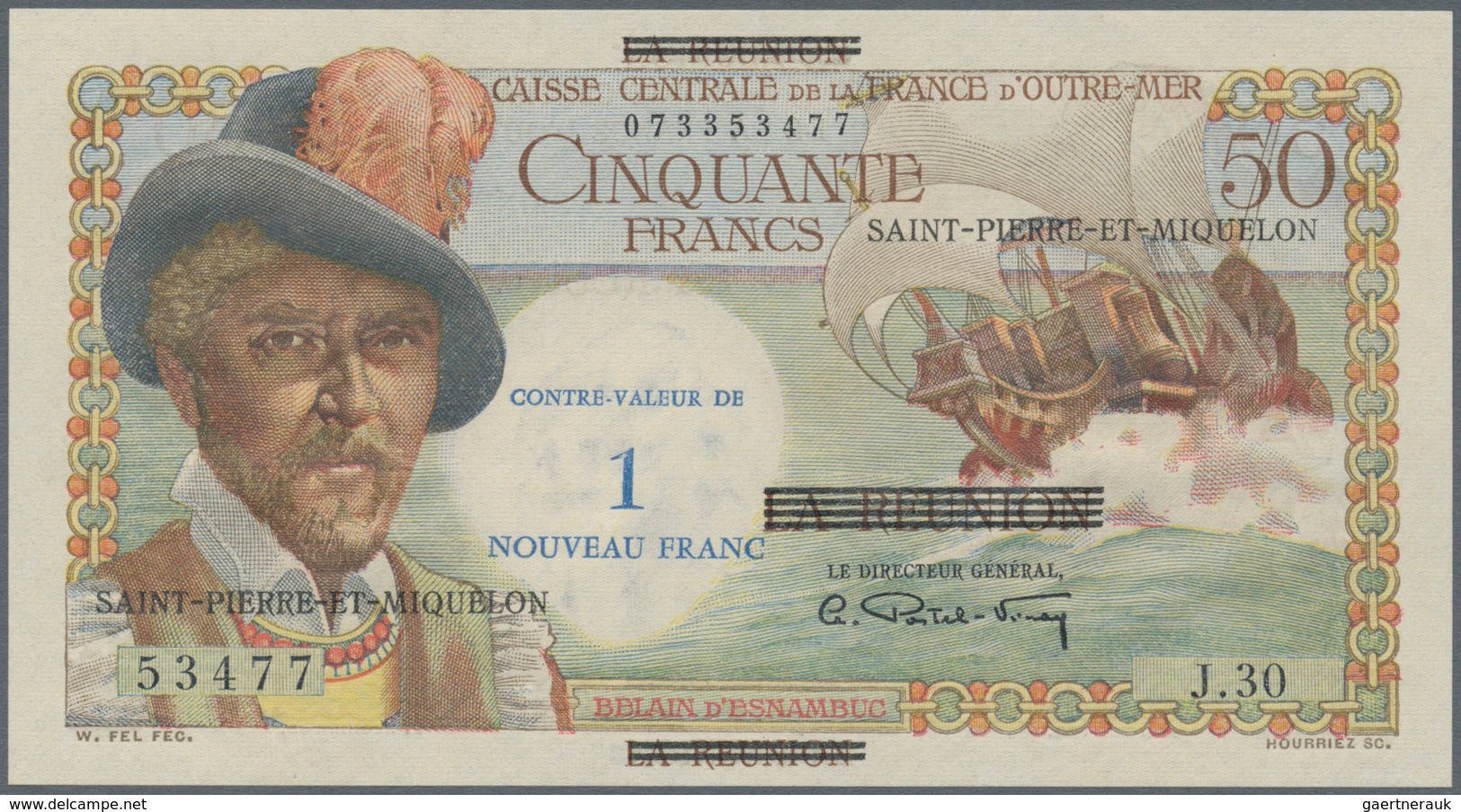 Saint Pierre & Miquelon: 1 Nouveau Franc ND(1960) Overprint On 50 Francs Reunion P. 44, S/N 07335347 - Andere & Zonder Classificatie