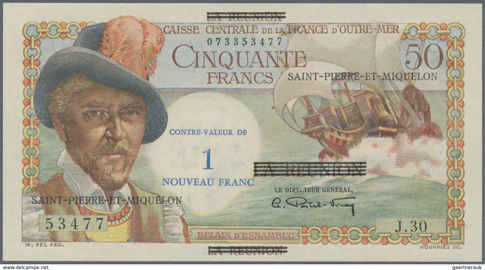 Saint Pierre & Miquelon: 1 Nouveau Franc ND(1960) Overprint On 50 Francs Reunion P. 44, S/N 07335347 - Autres & Non Classés