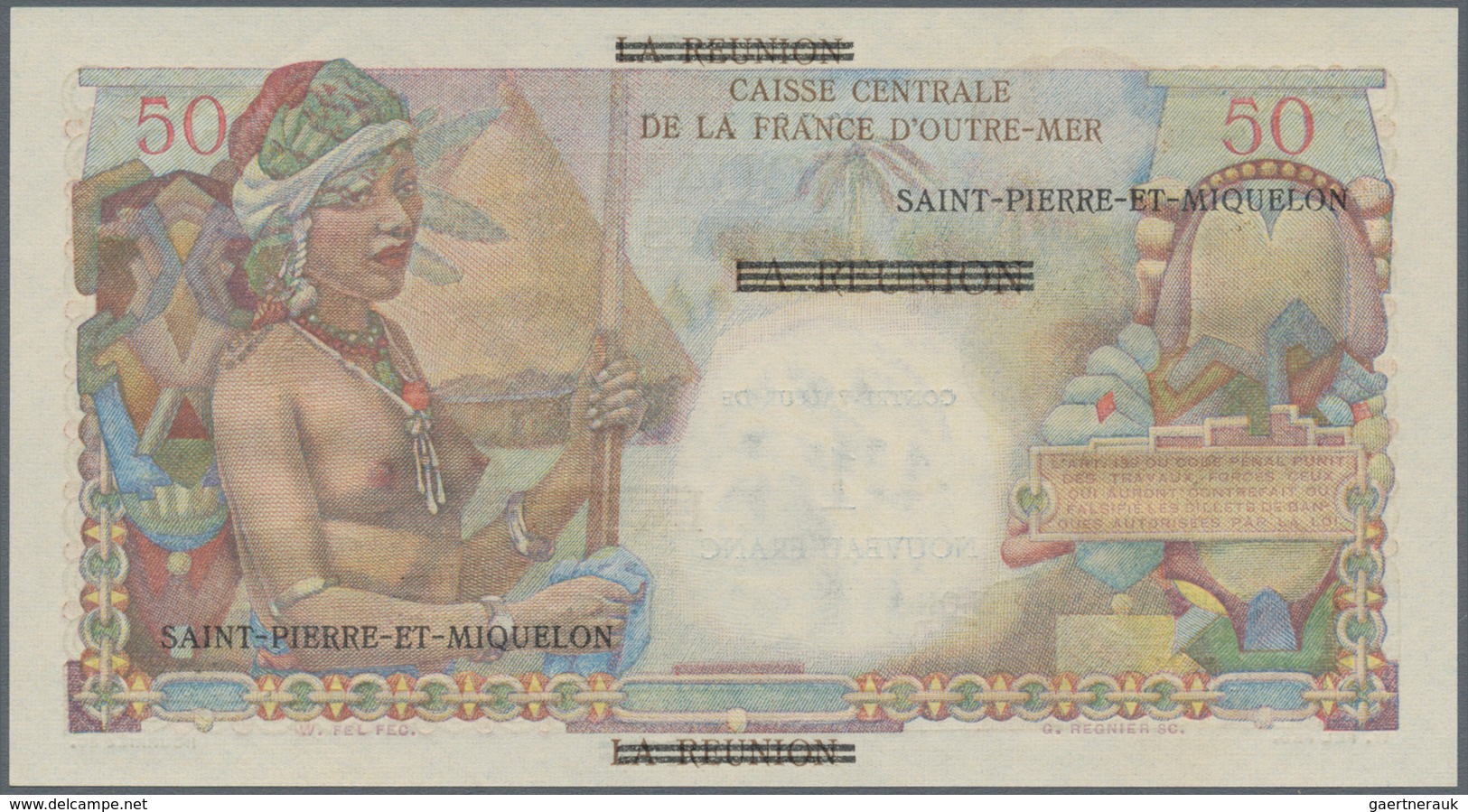 Saint Pierre & Miquelon: 1 Nouveau Franc ND(1960) Overprint On 50 Francs Reunion P. 44, S/N 07335347 - Sonstige & Ohne Zuordnung