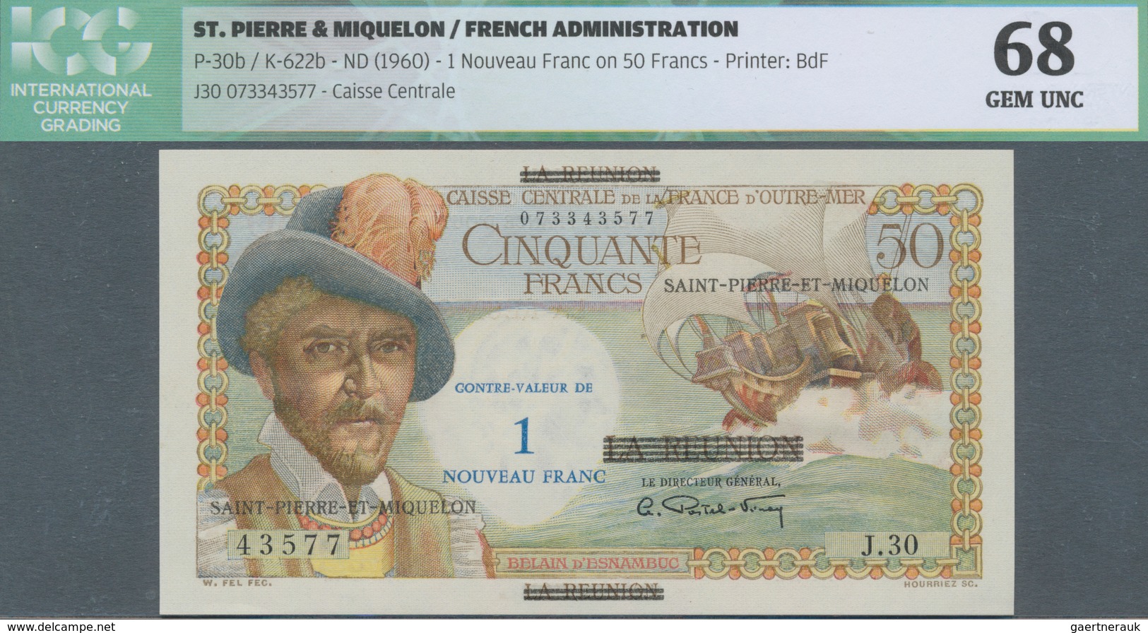 Saint Pierre & Miquelon: 1 Nouveau Franc On 50 Francs ND(1960) P. 30b, In Condition: ICG Graded 68 G - Andere & Zonder Classificatie