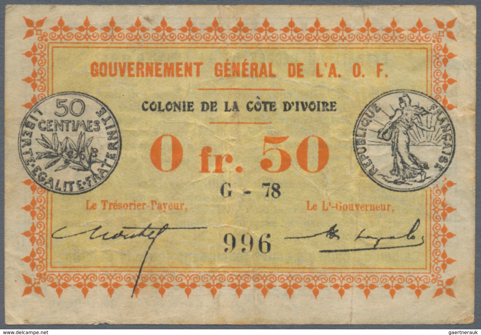 Senegal: Pair Of Two Banknotes Containing 0.50 Francs 1917 P. 1, S/N G-78 996, With Folds And Crease - Sénégal