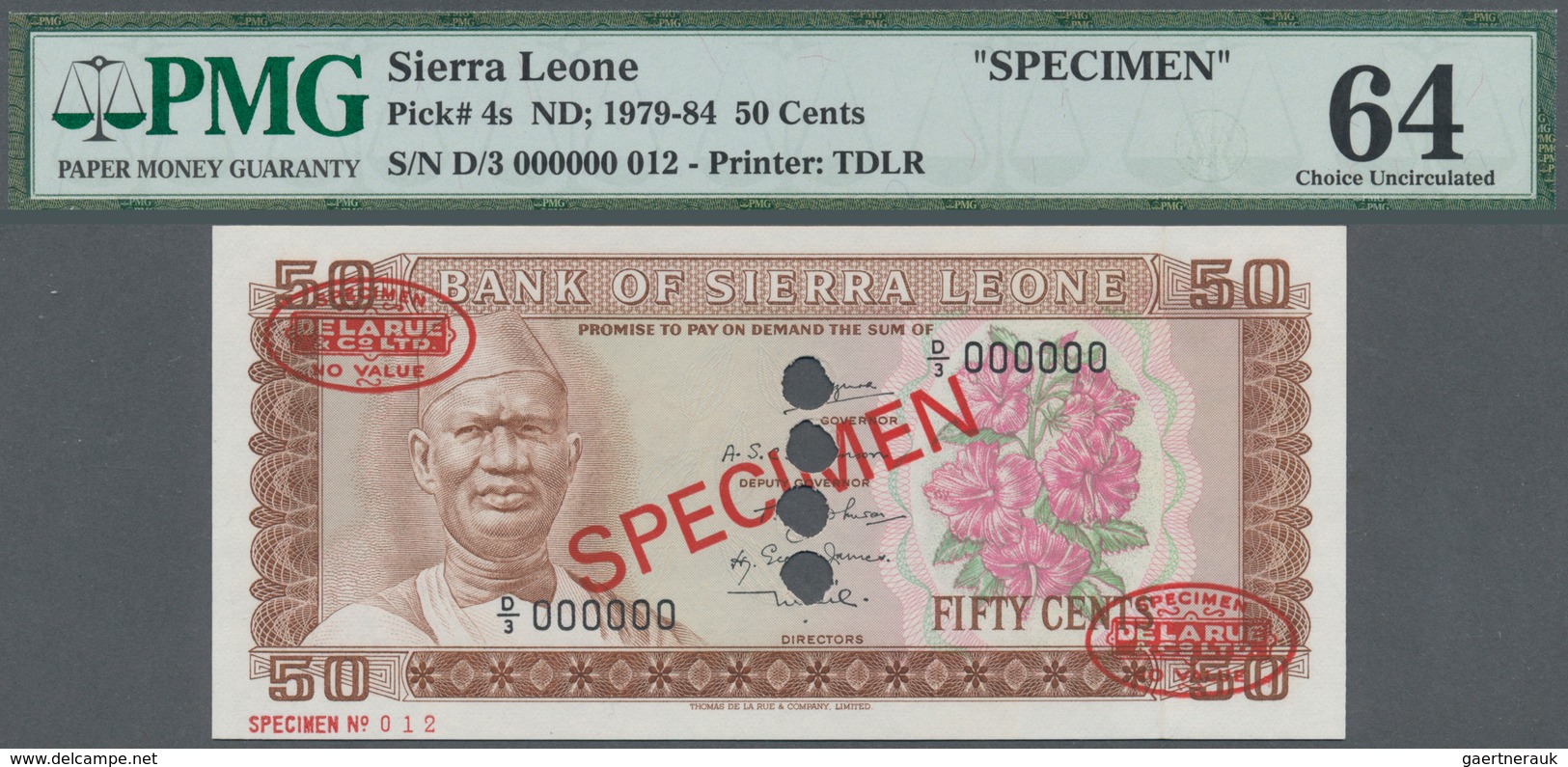 Sierra Leone: 50 Cents ND(1979-84) TDLR Specimen, P.4s With 4 Larger Cancellation Holes At Center An - Sierra Leone
