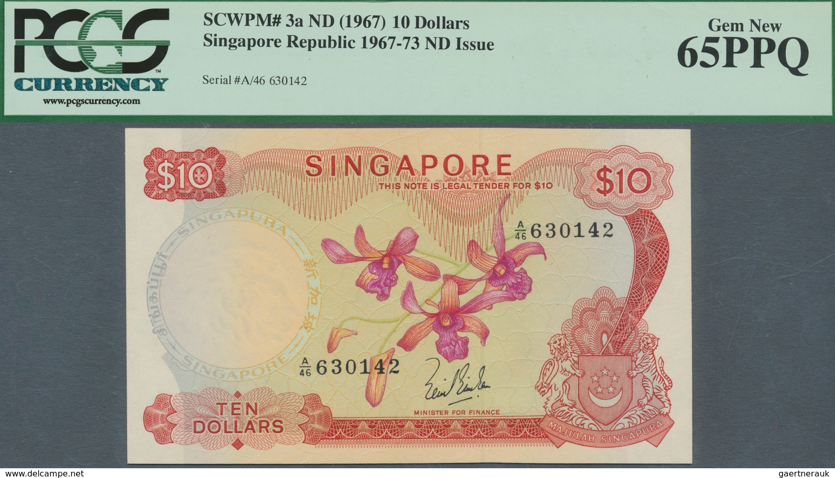 Singapore / Singapur: 10 Dollars ND(1967) P. 3a In Condition: PCGS Graded 65PPQ Gem New. - Singapore