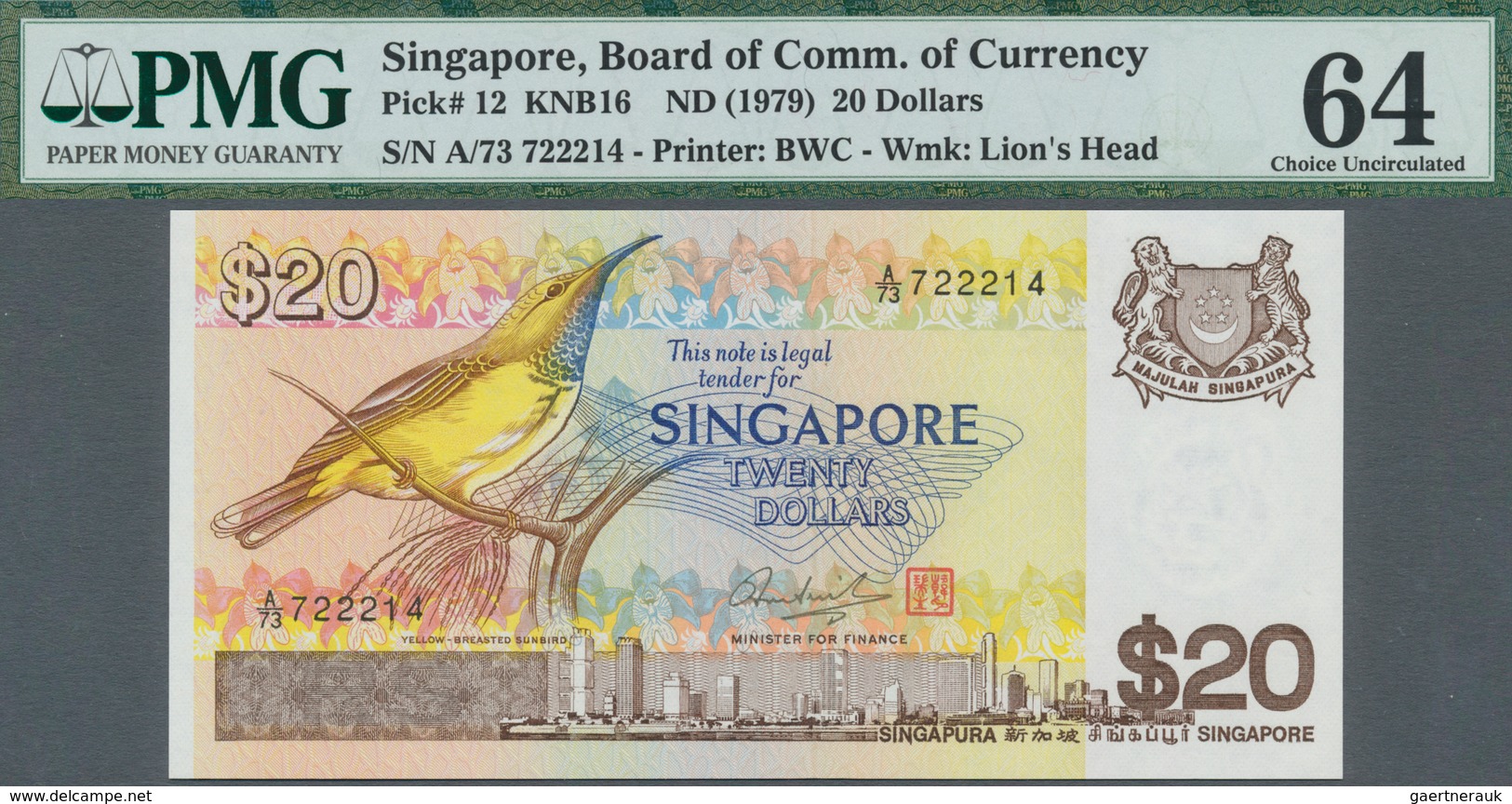 Singapore / Singapur: 20 Dollars ND(1979) P. 12 In Condition: PMG Graded 64 Choice UNC. - Singapur