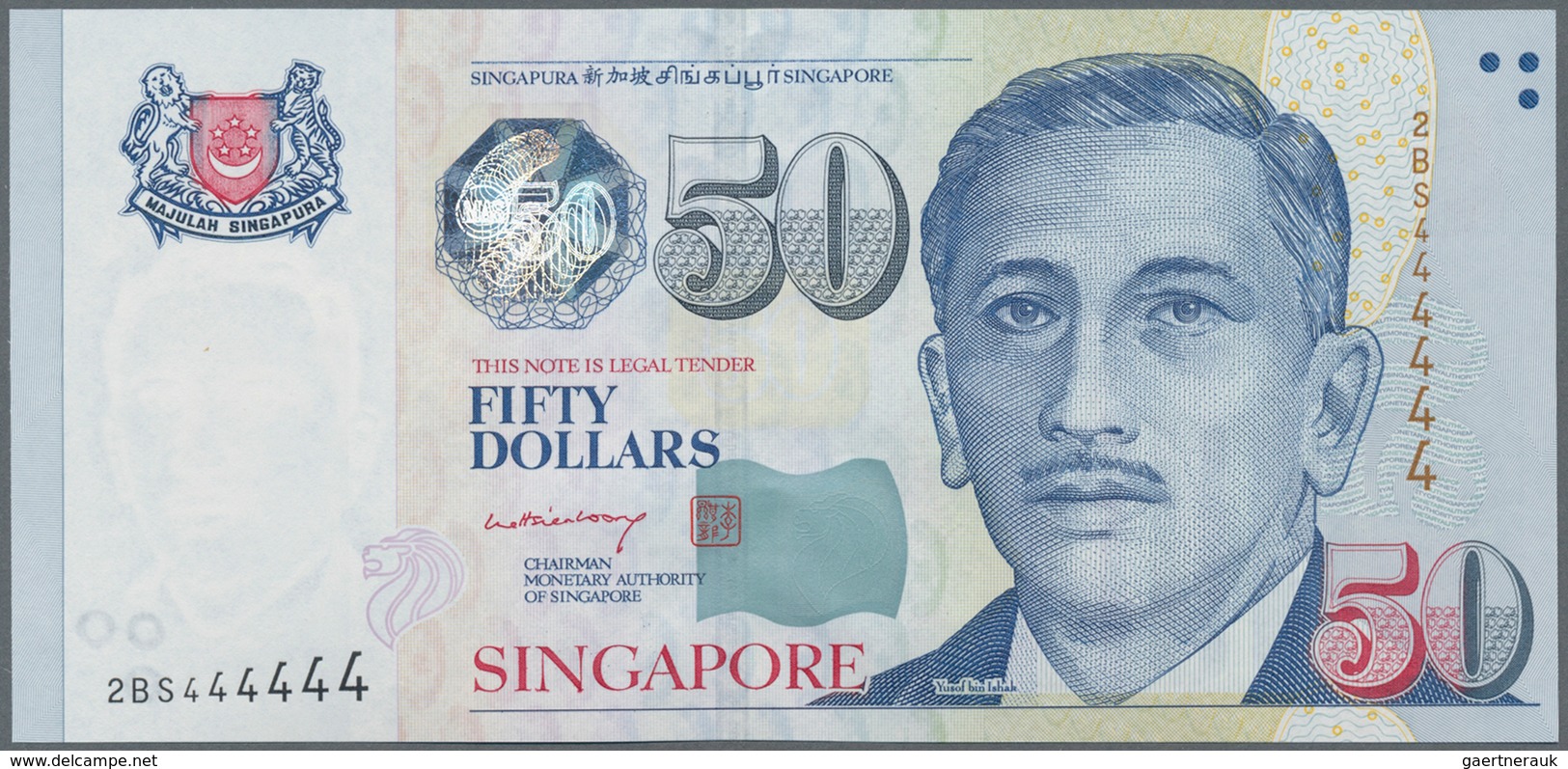 Singapore / Singapur: 50 Dollars ND(1999) P. 41b With Solid Serial Number #2BS 444444 In Condition: - Singapore