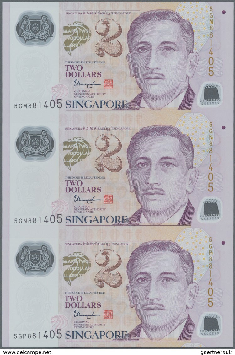 Singapore / Singapur: set of 7 uncut sheets of 3 notes (21 notes in total) of 2 Dollars ND P. 46, al