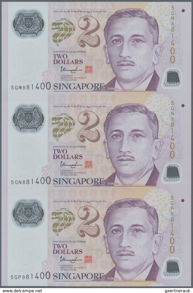 Singapore / Singapur: set of 7 uncut sheets of 3 notes (21 notes in total) of 2 Dollars ND P. 46, al