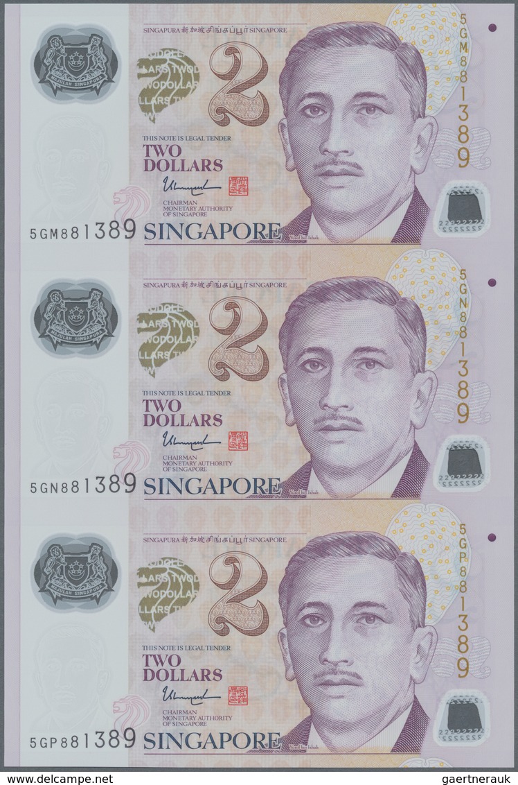 Singapore / Singapur: set of 7 uncut sheets of 3 notes (21 notes in total) of 2 Dollars ND P. 46, al