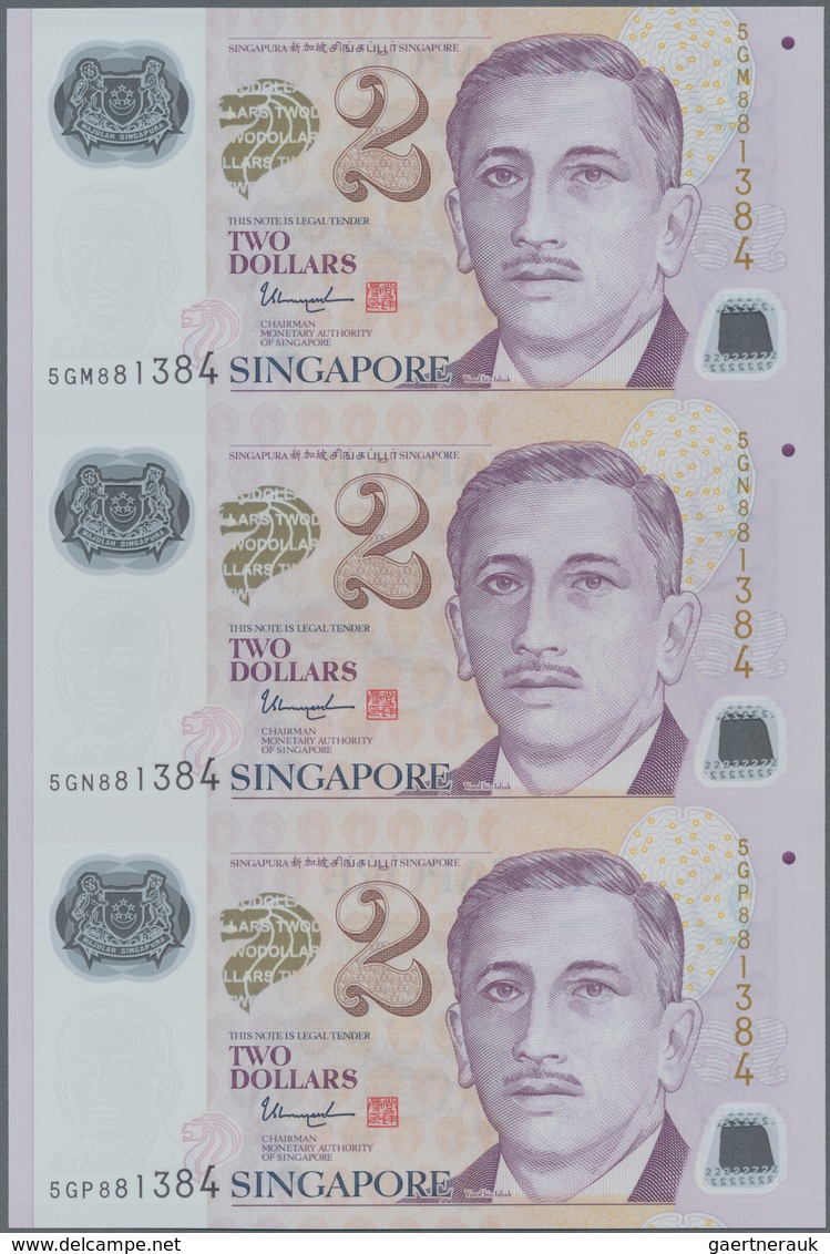 Singapore / Singapur: set of 7 uncut sheets of 3 notes (21 notes in total) of 2 Dollars ND P. 46, al