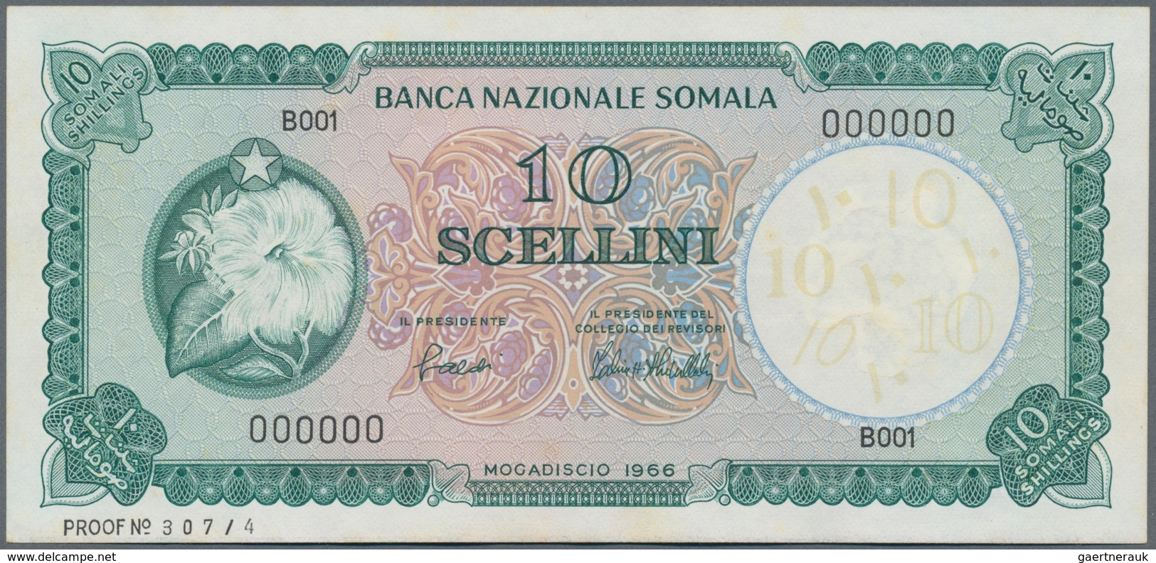 Somalia: Banca Nazionale Somala 10 Scellini 1966 SPECIMEN, P.6s With A Few Tiny Spots Along The Bord - Somalië