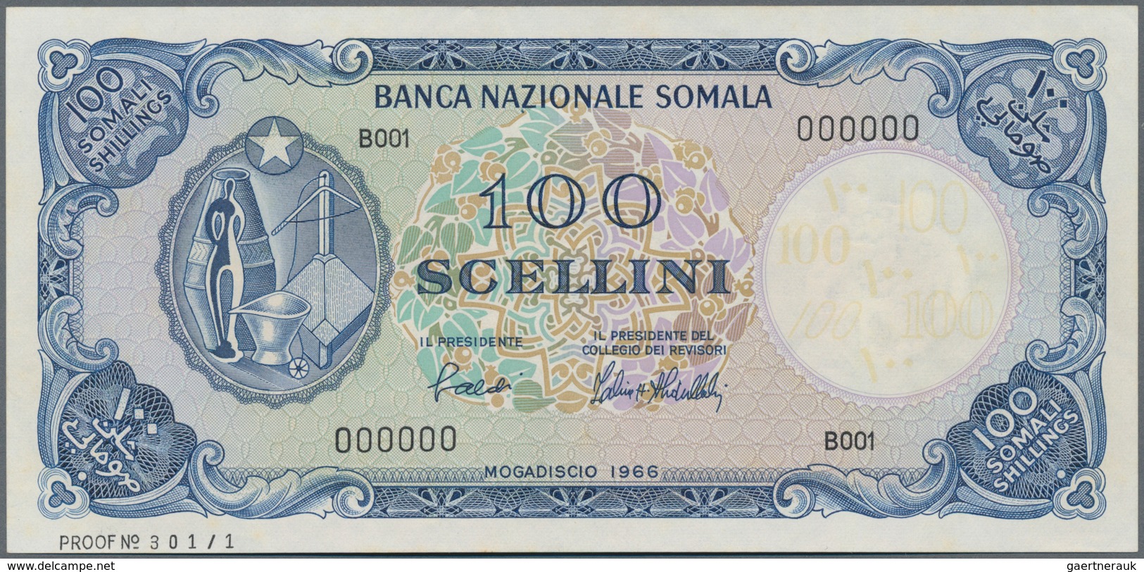 Somalia: Banca Nazionale Somala 100 Scellini 1966 SPECIMEN, P.8s, Soft Diagonal Fold At Center And U - Somalie