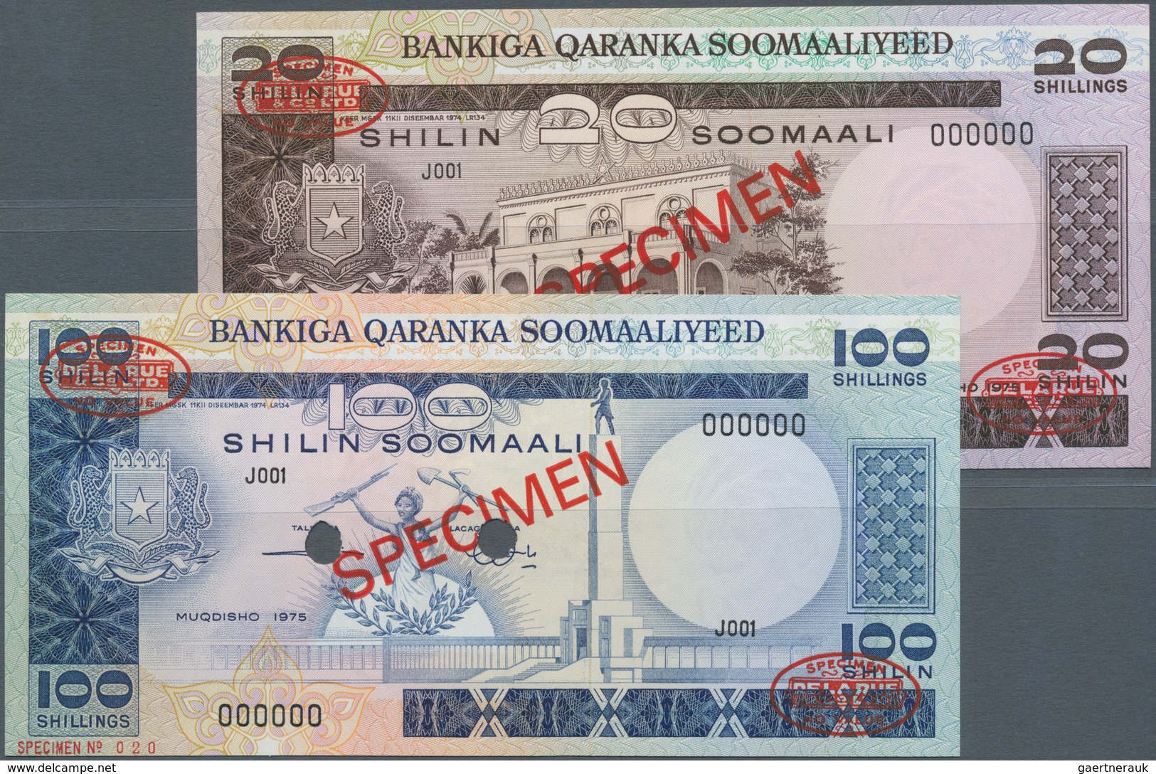 Somalia: Set Of 2 Specimen Banknotes 20 And 100 Shiling 1975 P. 19s And 20s, Both In Condition: UNC. - Somalië