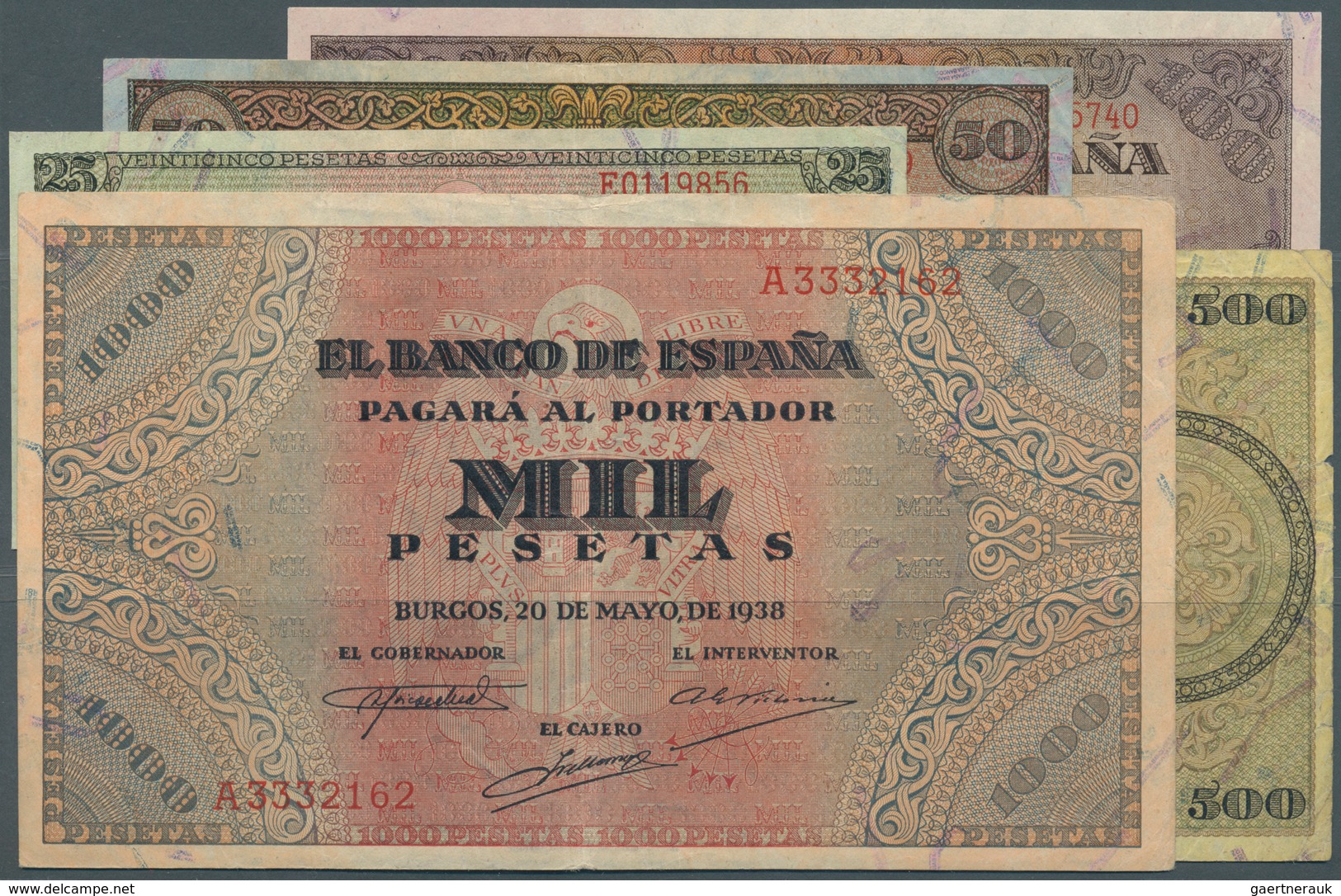 Spain / Spanien: Set Of 5 Notes Containing 25 Pesetas 1938 P. 111 (VF), 50 Pesetas 1938 P. 112 (VF), - Sonstige & Ohne Zuordnung