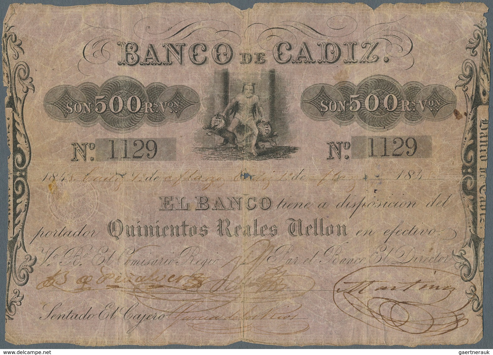 Spain / Spanien: Banco De Cadiz 500 Pesetas 1845 P. S283, Stronger Used With Strong Horizontal And V - Sonstige & Ohne Zuordnung