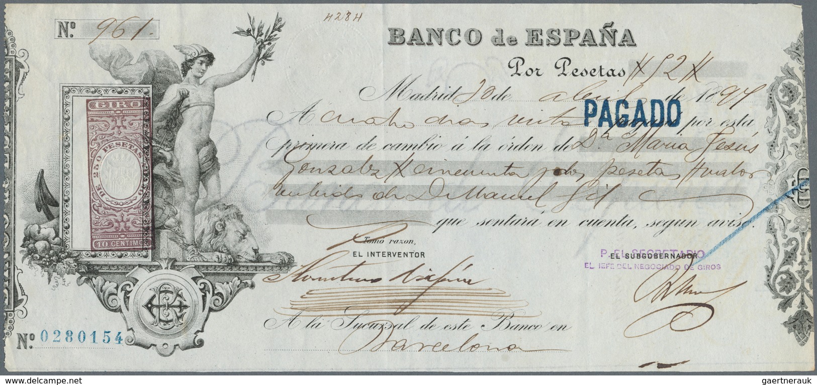 Spain / Spanien: Cheque Of The Banco De Espana Dated Barcelona 1894 Or 1897 With Additional Tax Stam - Sonstige & Ohne Zuordnung