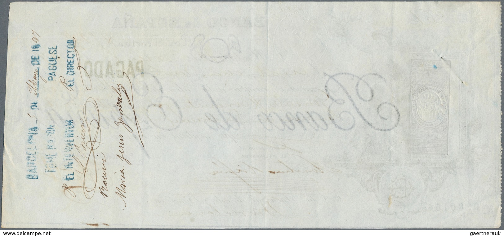 Spain / Spanien: Cheque Of The Banco De Espana Dated Barcelona 1894 Or 1897 With Additional Tax Stam - Sonstige & Ohne Zuordnung