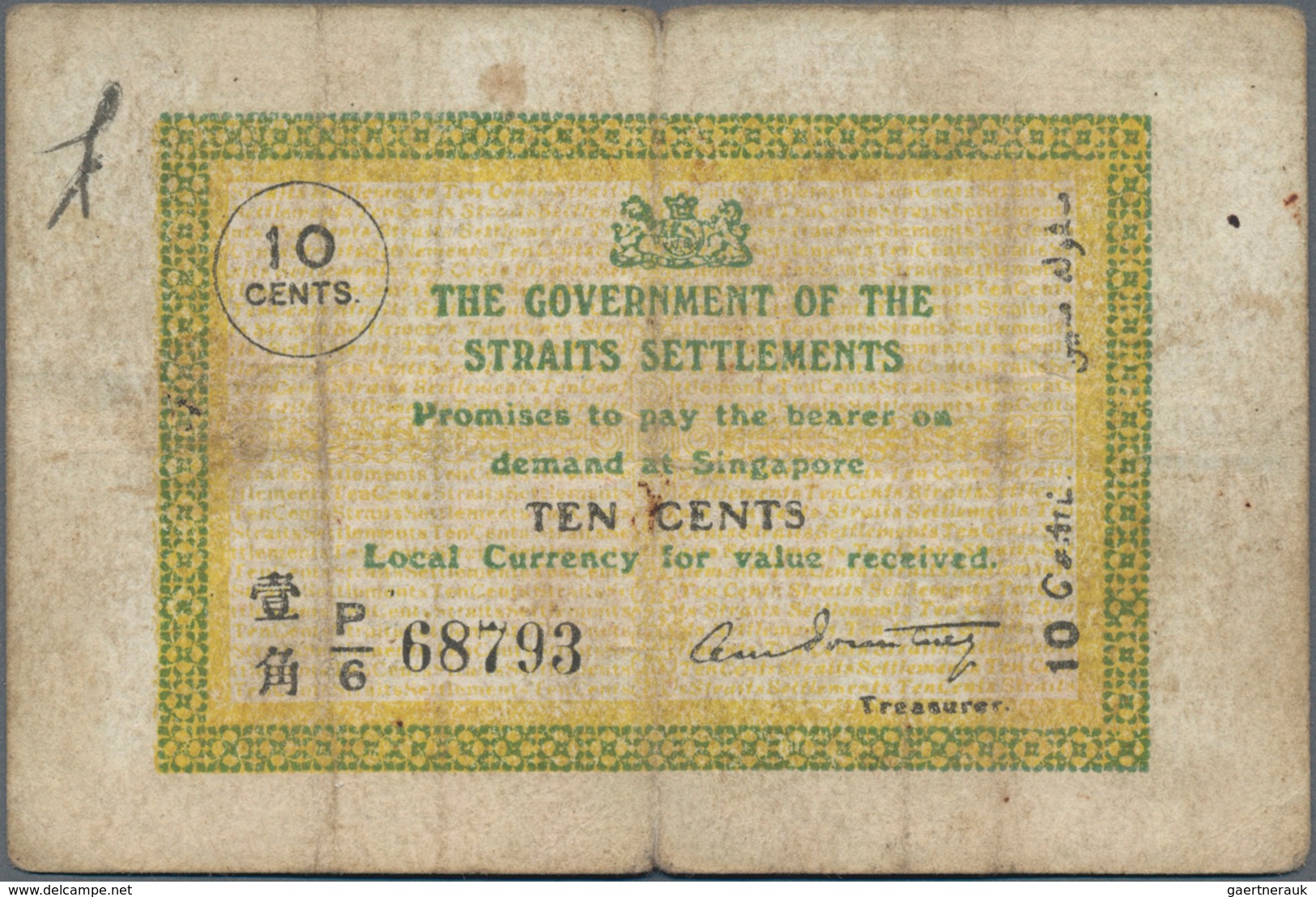 Straits Settlements: 10 Cents 1919 P. 6c In Used Condition With Folds And Stain In Paper, Condition: - Malasia