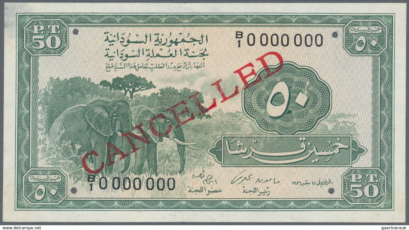 Sudan: 50 Piastres 1956 Specimen P. 2As, With Specimen Serial Number B/1 0000 000, Red "cancelled" O - Soudan