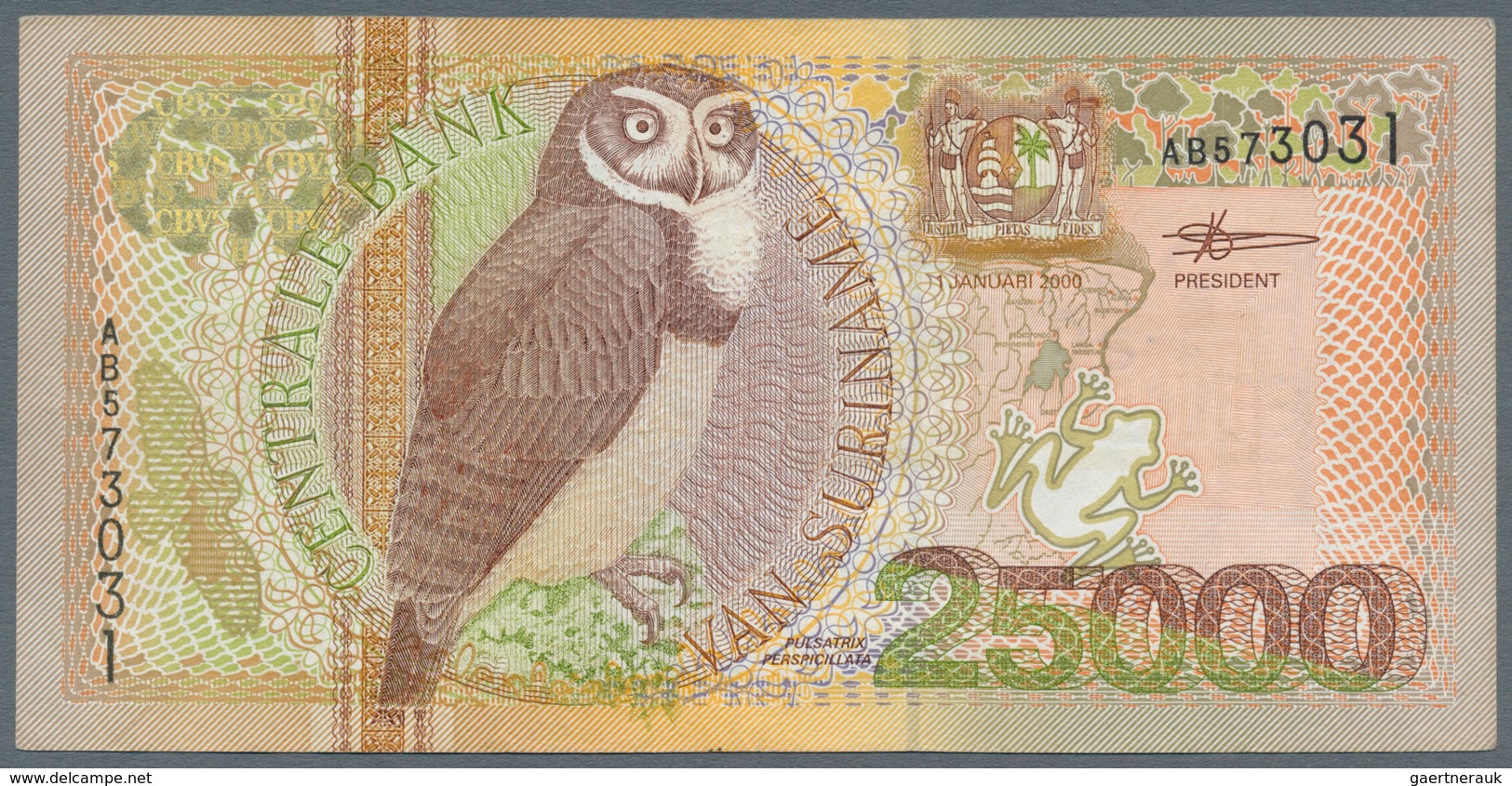 Suriname: 25.000 Gulden 2000, P.154, Nice Item With Several Folds And Minor Spots, But Still Strong - Surinam