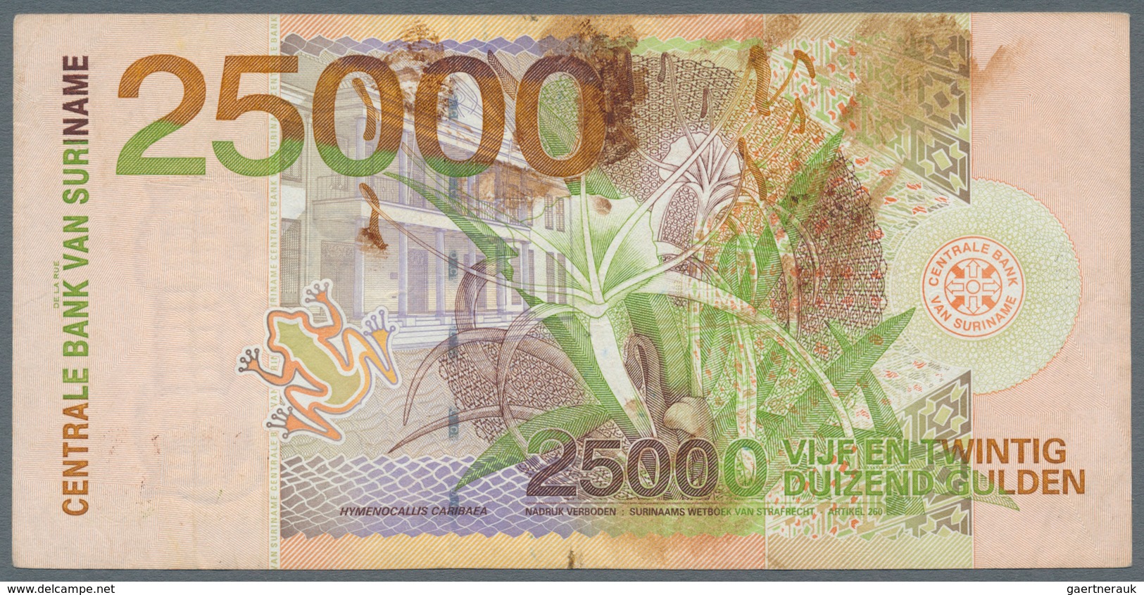 Suriname: 25.000 Gulden 2000, P.154, Nice Item With Several Folds And Minor Spots, But Still Strong - Surinam