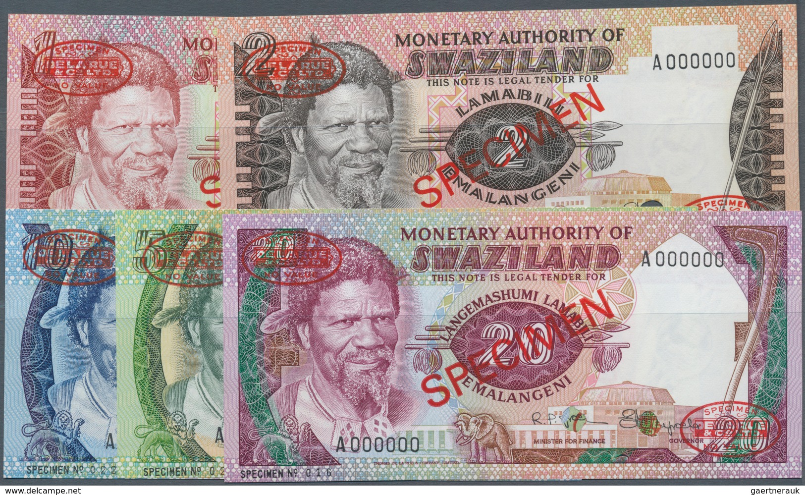 Swaziland: Set Of 5 Specimen Banknotes Containing 1, 2, 5, 10 & 20 Emalangheni ND P. 1s To 5s, All I - Andere - Afrika