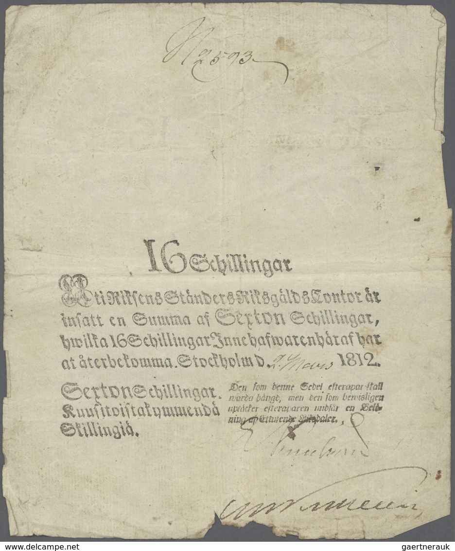 Sweden / Schweden: 16 Skilling 1812 P. A115 In Used Condition With Folds And Border Wear But No Larg - Sweden