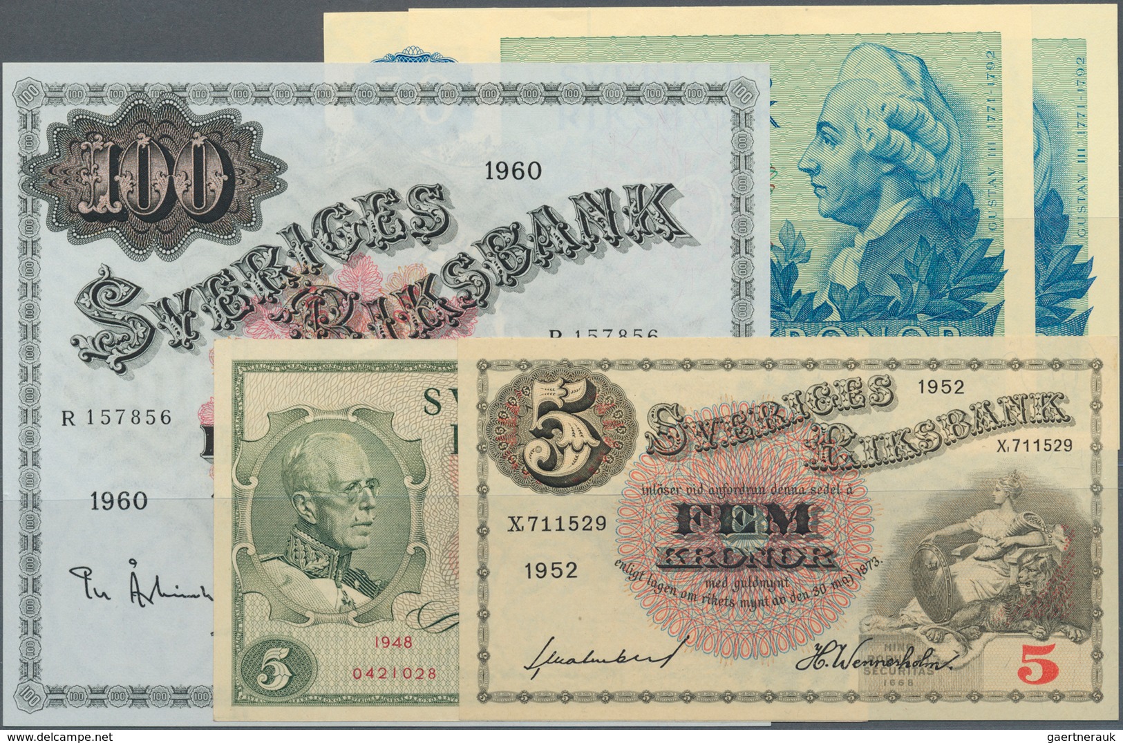 Sweden / Schweden: Set Of 5 Notes Containing 5 Kronor 1952 P. 33 (UNC), 5 Kroner 1948 P. 41 (aUNC), - Zweden