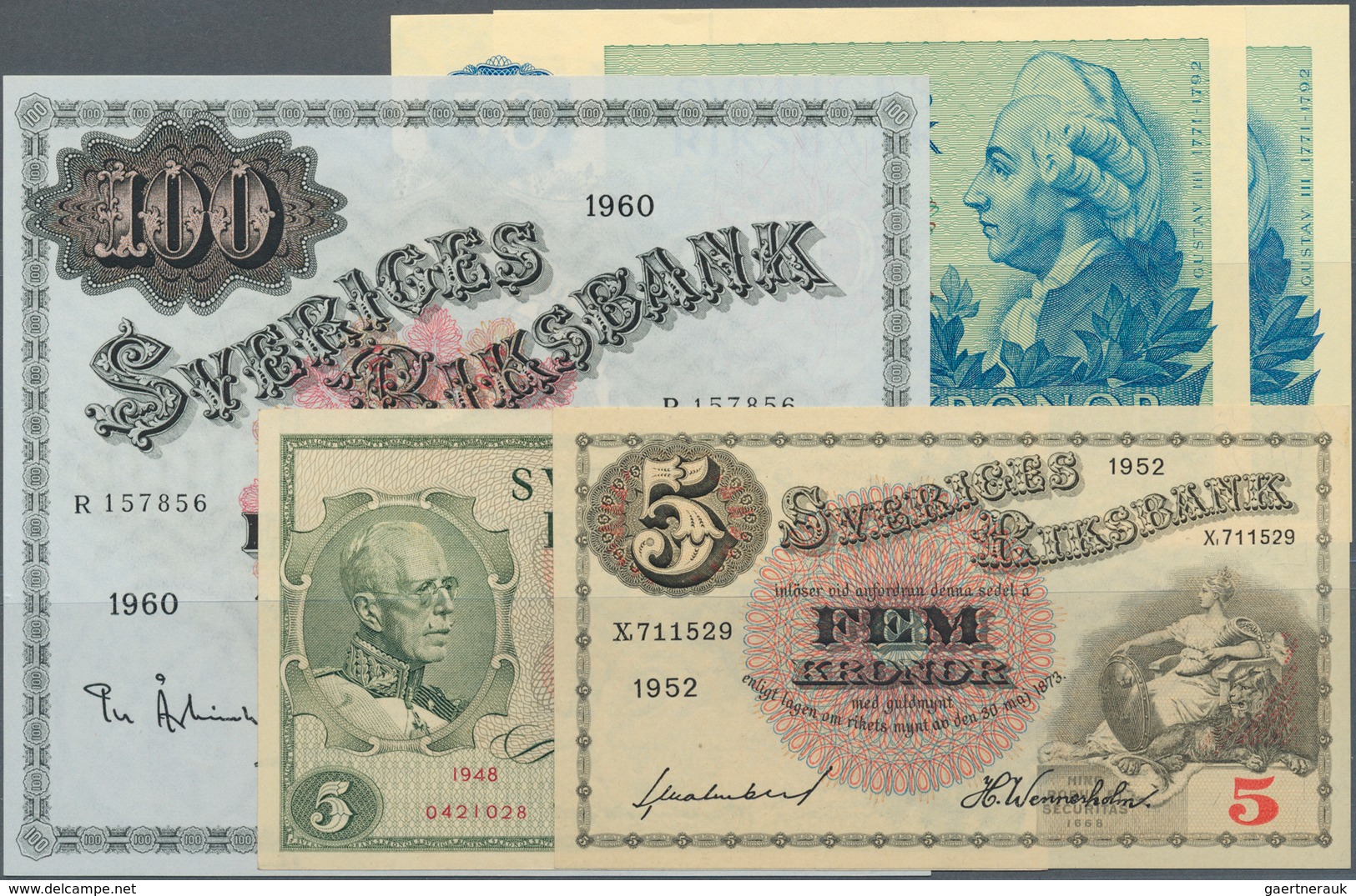 Sweden / Schweden: Set Of 5 Notes Containing 5 Kronor 1952 P. 33 (UNC), 5 Kroner 1948 P. 41 (aUNC), - Sweden