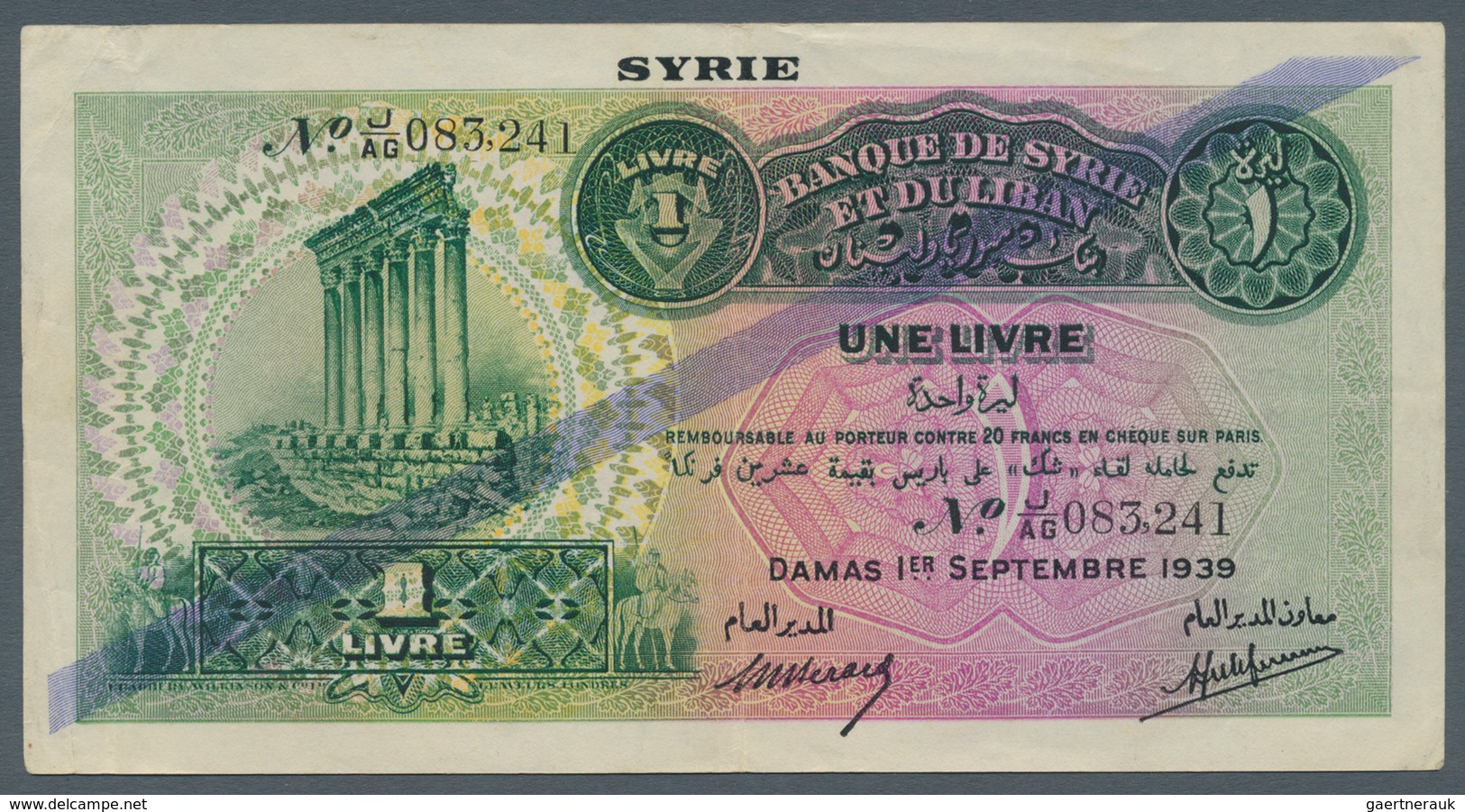 Syria / Syrien: 1 Livre 1939, P.40b, Vertically Folded And Some Other Minor Creases But Still Strong - Siria