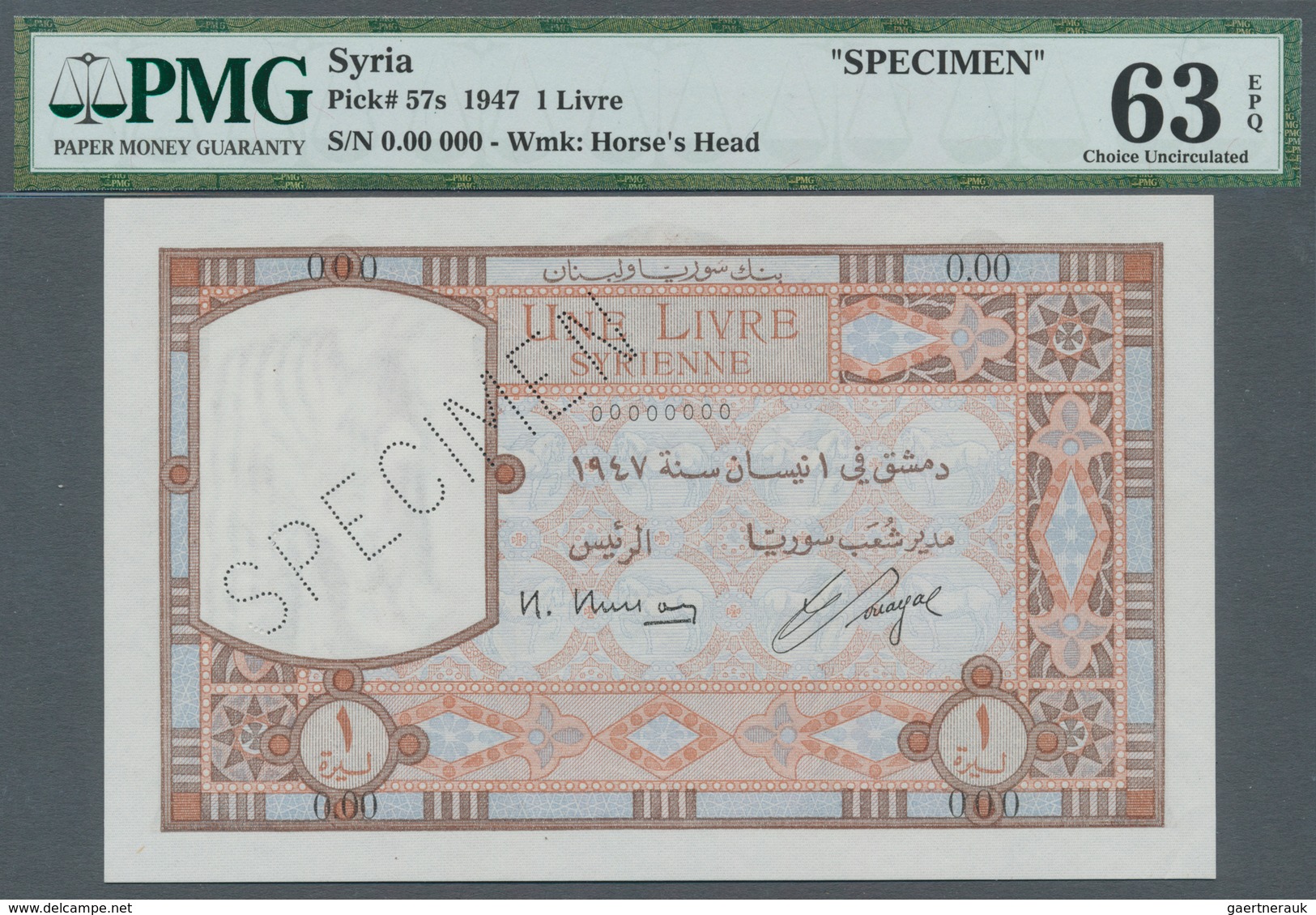 Syria / Syrien: 1 Livre 1947 Specimen P. 57s, Seldom Seen Note, In Condition: PMG Graded 63 Choice U - Syrien