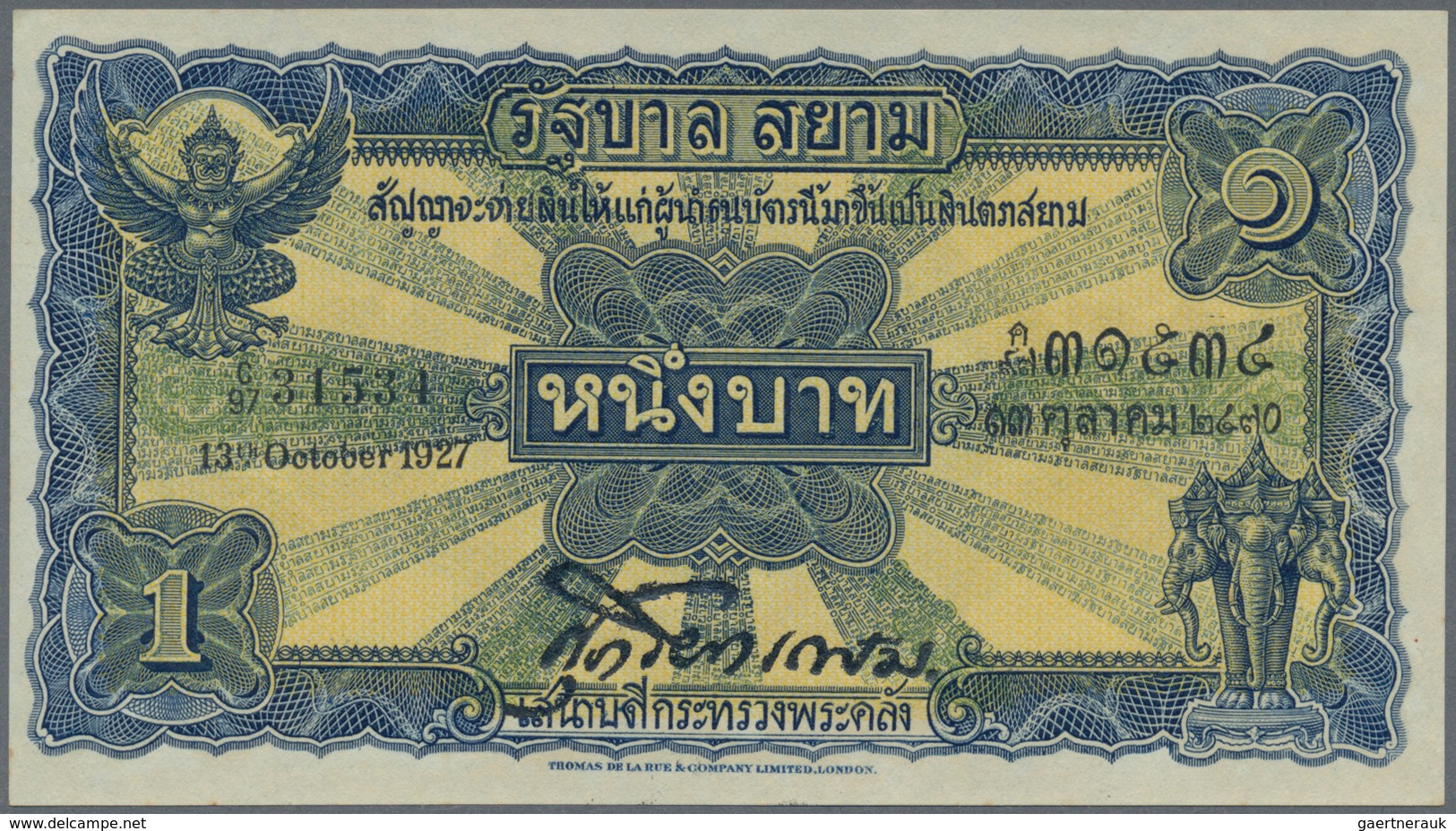 Thailand: Government Of Siam 1 Baht 1927, P.16a, Very Early Issue Of This Note In Almost Perfect Con - Thailand
