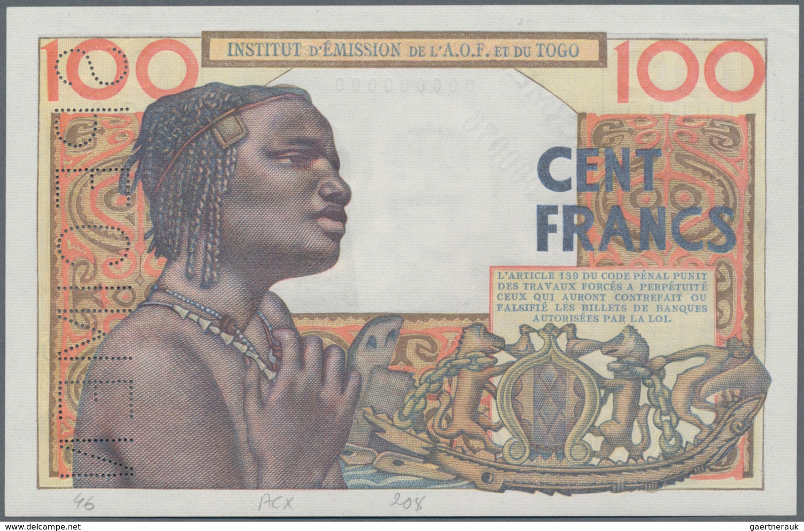 Togo: Institut D'Émission De L'Afrique Occidentale Française Et Du Togo 100 Francs 1956/57 SPECIMEN, - Togo