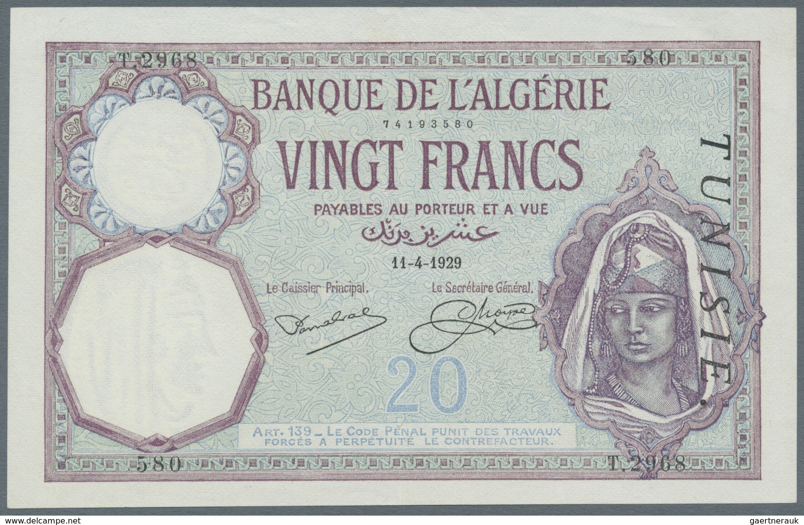 Tunisia / Tunisien: 20 Francs 1929 P. 6b, Light Center And Corner Fold, Crisp Paper And Original Col - Tunesien