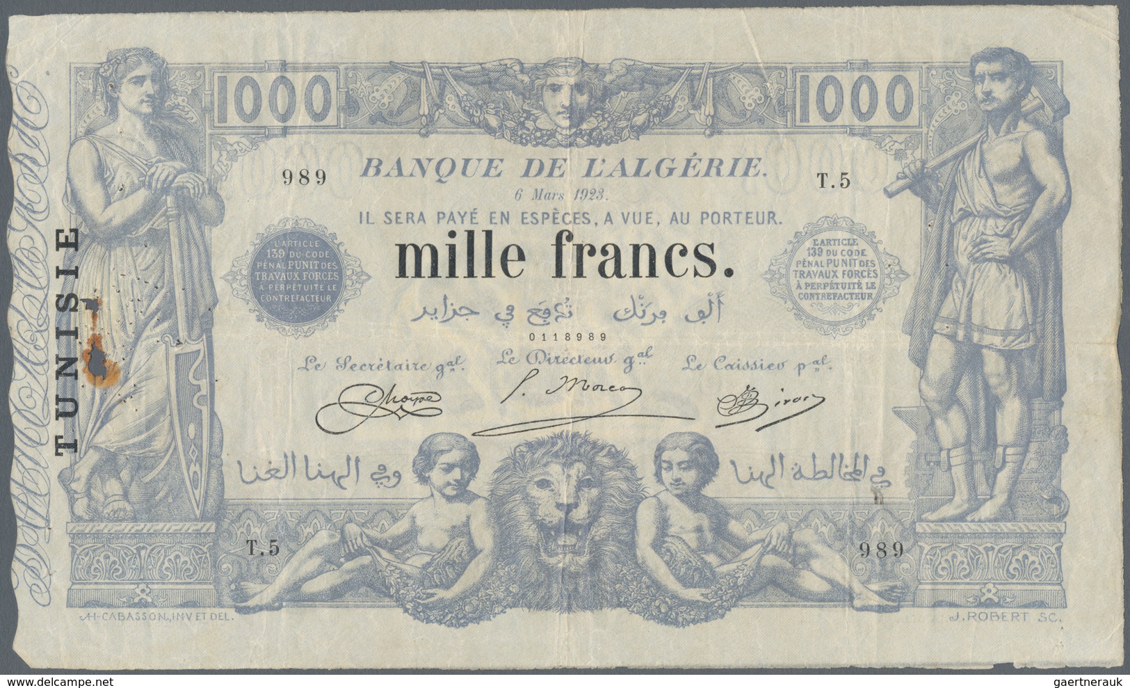 Tunisia / Tunisien: 1000 Francs 1923 P. 7b, Used With Several Folds In Paper, Larger Rusty Pinhole A - Tunisie