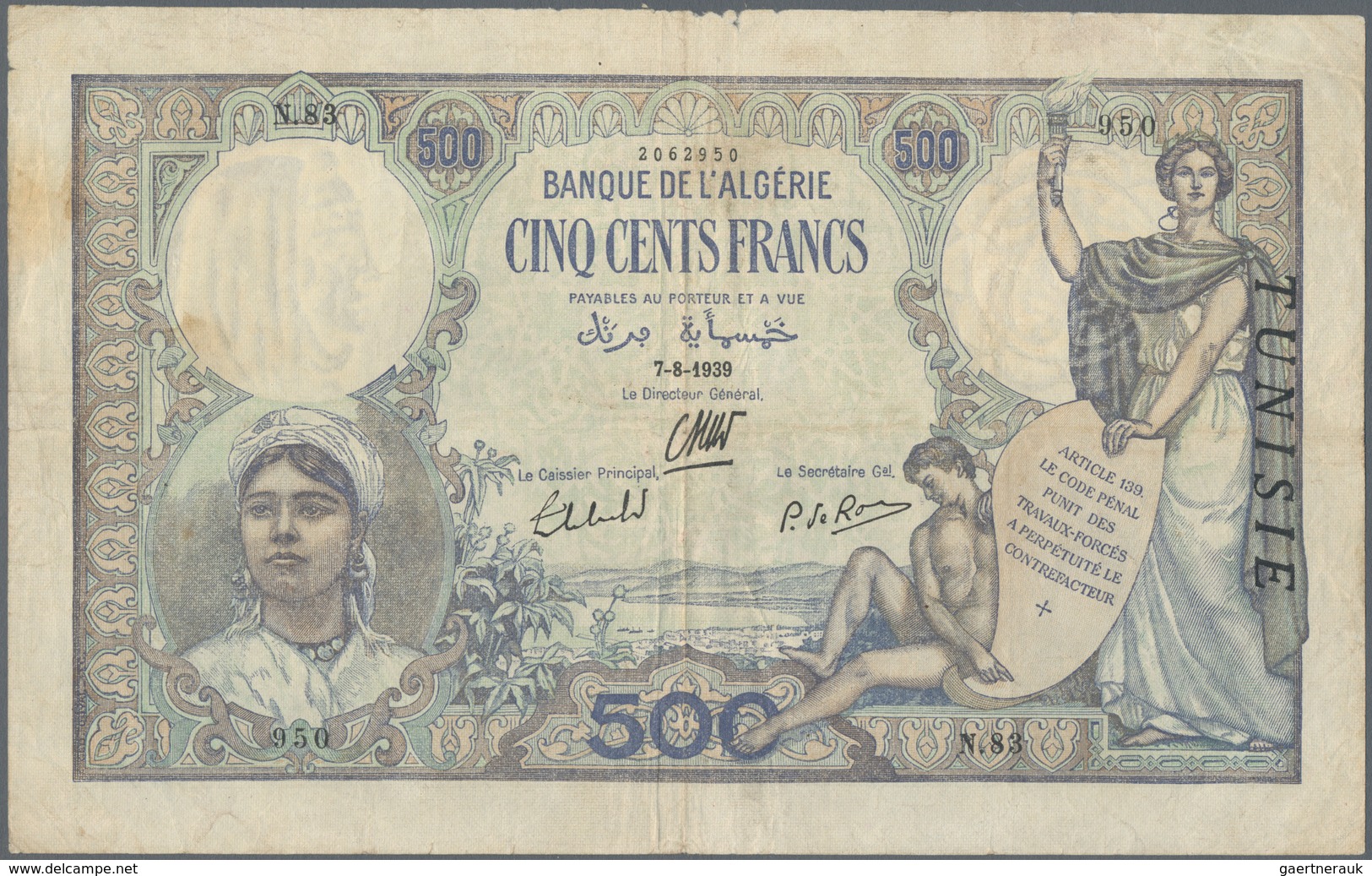 Tunisia / Tunisien: 500 Francs 1939 P. 14, Used With Several Folds And Creases, Minor Pinholes, Ligh - Tusesië
