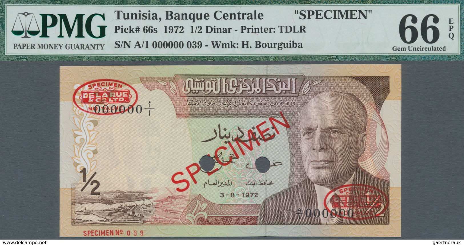 Tunisia / Tunisien: Set Of 3 Notes 1/2, 1 And 5 Dinars 1972 Specimen P. 66s-68s, All PMG Graded: 66G - Tunisie