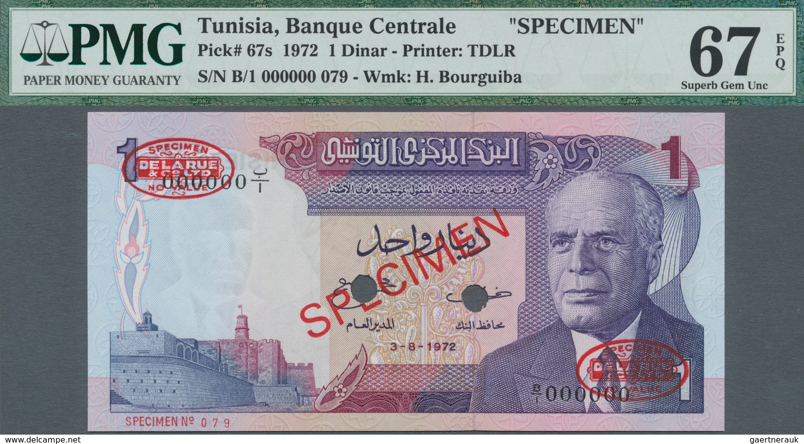 Tunisia / Tunisien: Set Of 3 Notes 1/2, 1 And 5 Dinars 1972 Specimen P. 66s-68s, All PMG Graded: 66G - Tunesien