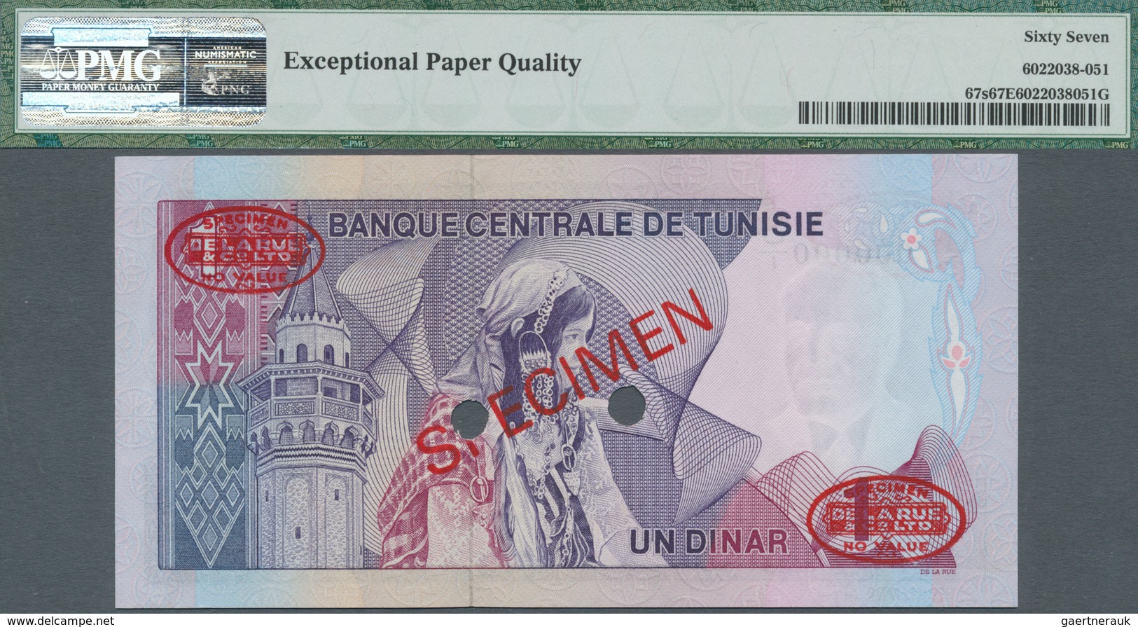 Tunisia / Tunisien: Set Of 3 Notes 1/2, 1 And 5 Dinars 1972 Specimen P. 66s-68s, All PMG Graded: 66G - Tunisia