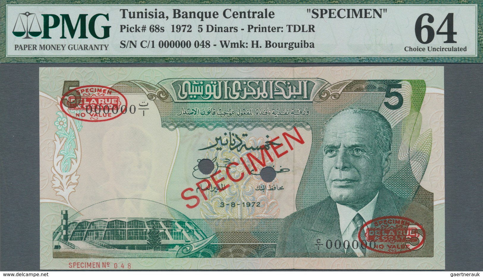 Tunisia / Tunisien: Set Of 3 Notes 1/2, 1 And 5 Dinars 1972 Specimen P. 66s-68s, All PMG Graded: 66G - Tunisia