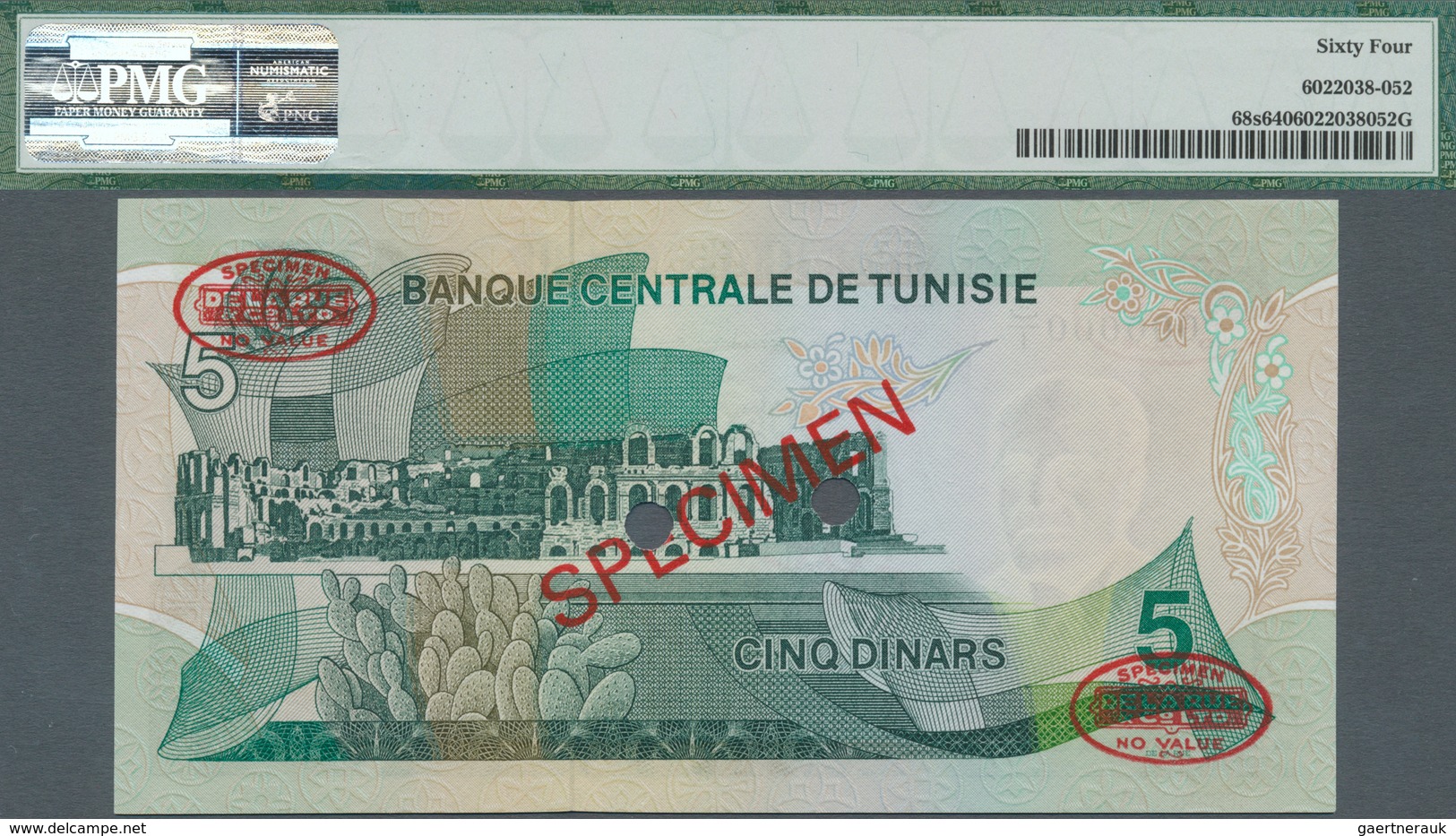 Tunisia / Tunisien: Set Of 3 Notes 1/2, 1 And 5 Dinars 1972 Specimen P. 66s-68s, All PMG Graded: 66G - Tunisia