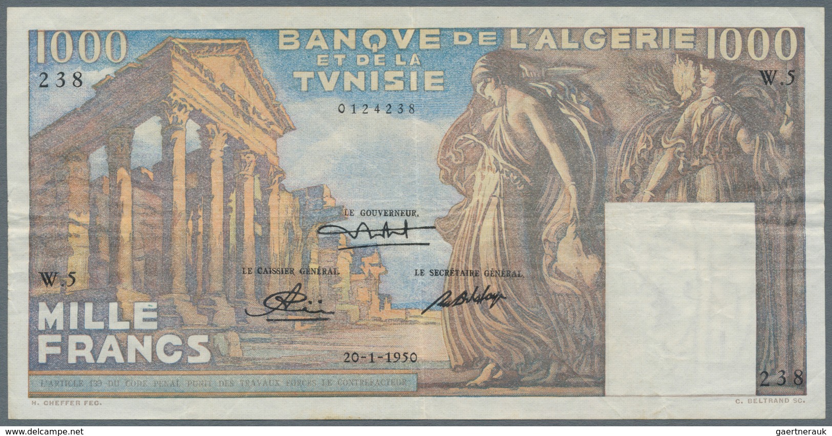 Tunisia / Tunisien: 1000 Francs 1950 P. 107a, Used With Folds In Paper But No Tears, Not Washed Or P - Tusesië