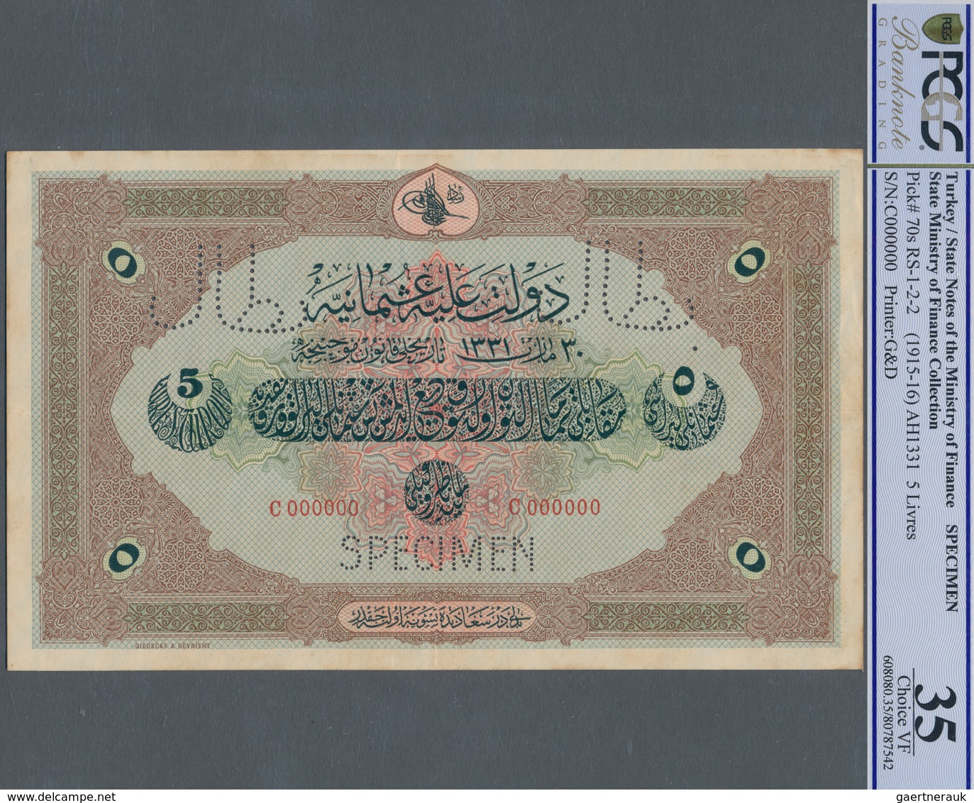 Turkey / Türkei: Rare Specimen Banknote Of 5 Livres ND(1915-16) AH1331, RS-1-2-2, With Arablic Speci - Turquia