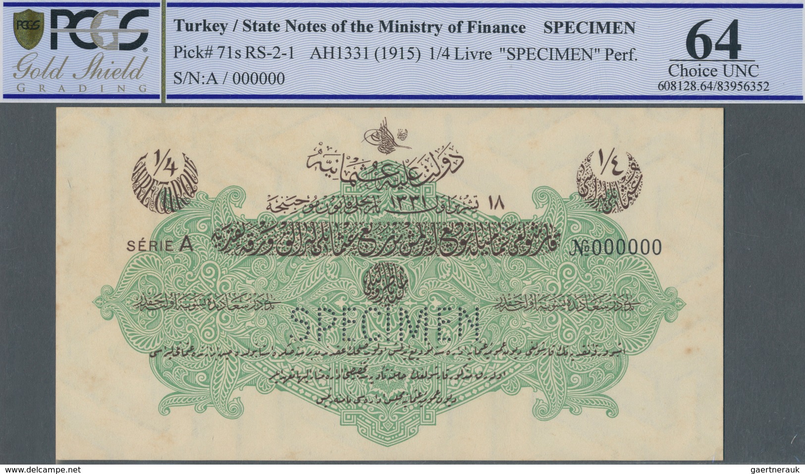 Turkey / Türkei: 1/4 Livre ND(1915) Specimen P. 71s, Rare Note In Condition: PCGS Graded 64 Choice U - Turquia