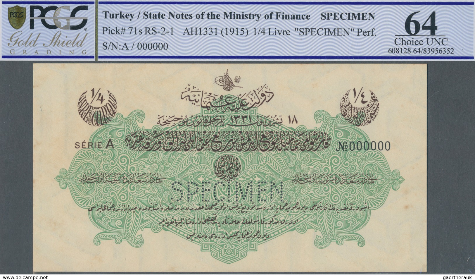 Turkey / Türkei: 1/4 Livre ND(1915) Specimen P. 71s, Rare Note In Condition: PCGS Graded 64 Choice U - Turquie