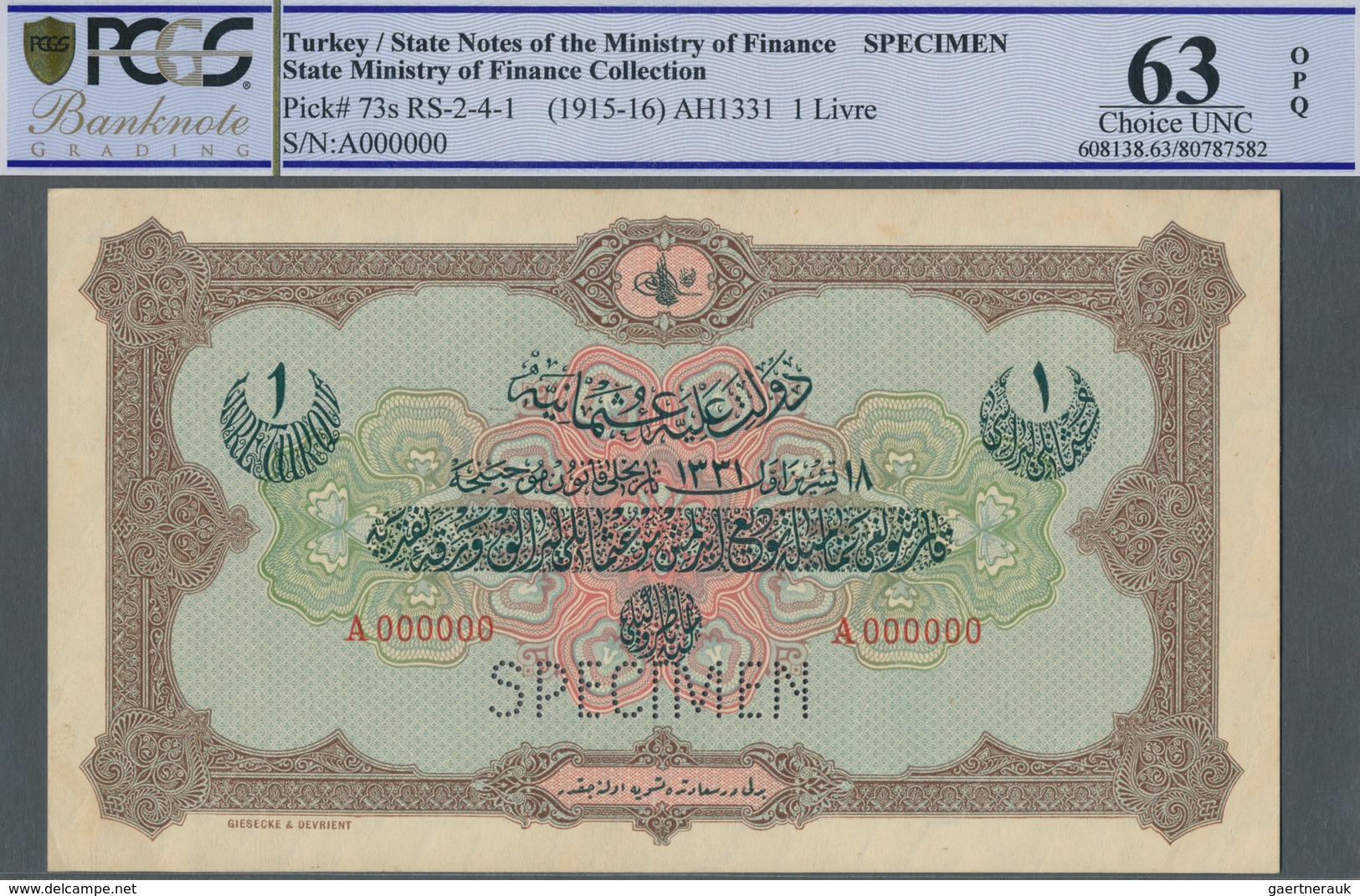 Turkey / Türkei: 1 Livre ND(1915-16) Specimen P. 73s In Condition: PCGS Graded 63 Choice UNC OPQ. - Turquia