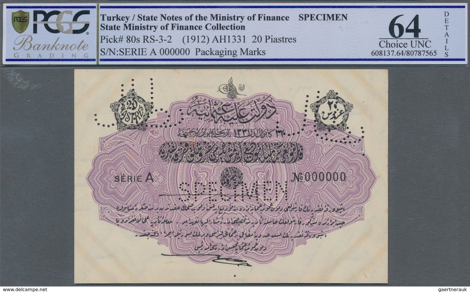 Turkey / Türkei: 20 Piastres ND(1912) Specimen P. 80s In Condition: PCGS Graded 64 Choice UNC. - Turkije