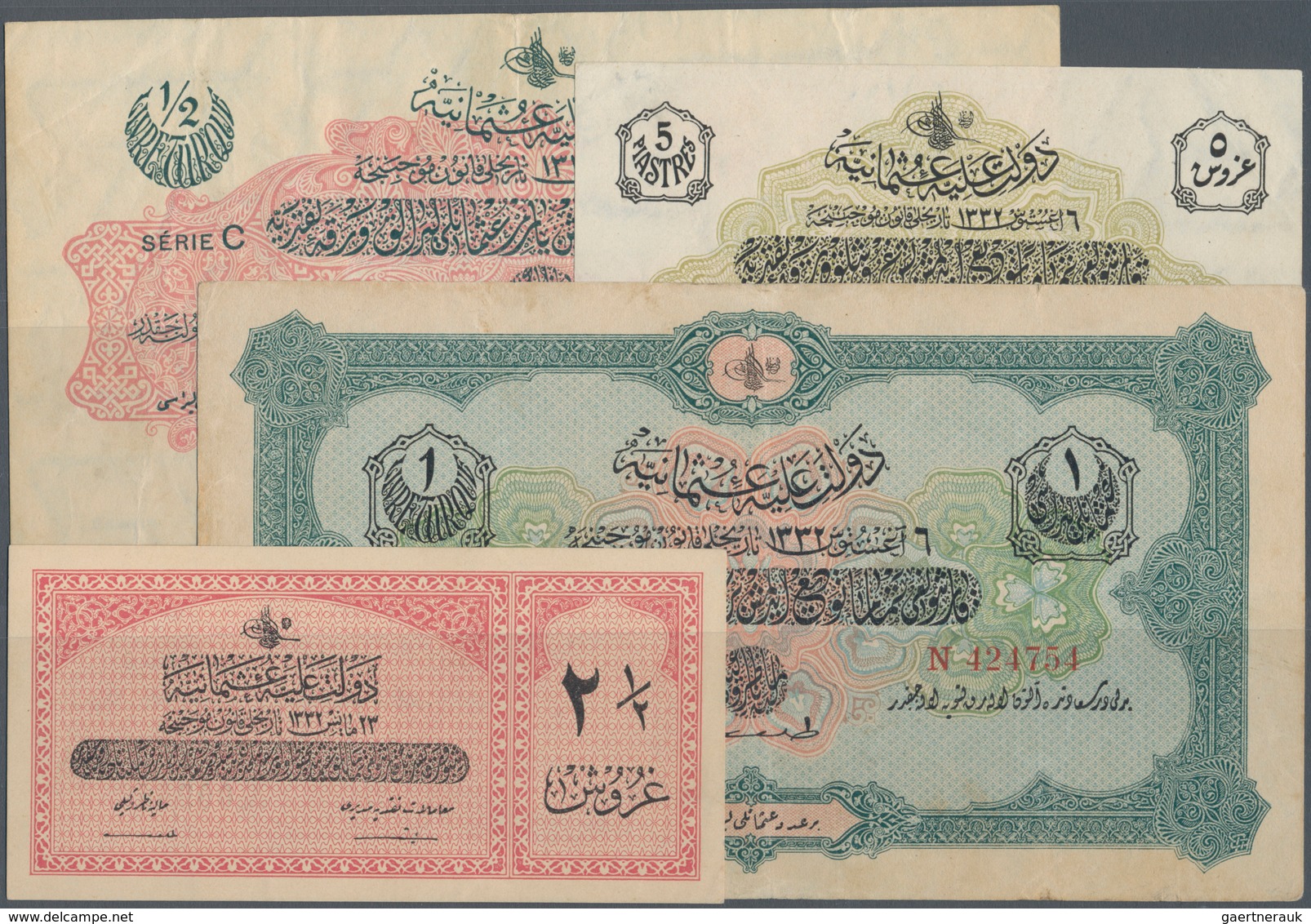 Turkey / Türkei: Set Of 4 Banknotes Containing 2 1/2 Piastres 1913 P. 86 (aUNC), 5 Piastres 1913 P. - Türkei