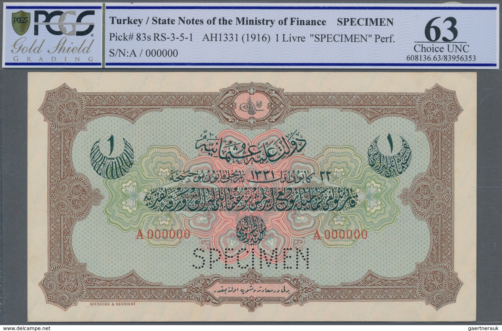 Turkey / Türkei: 1 Livre ND(1916) Specimen P. 83s With Zero Serial Numbers And Specimen Perforation - Turquie