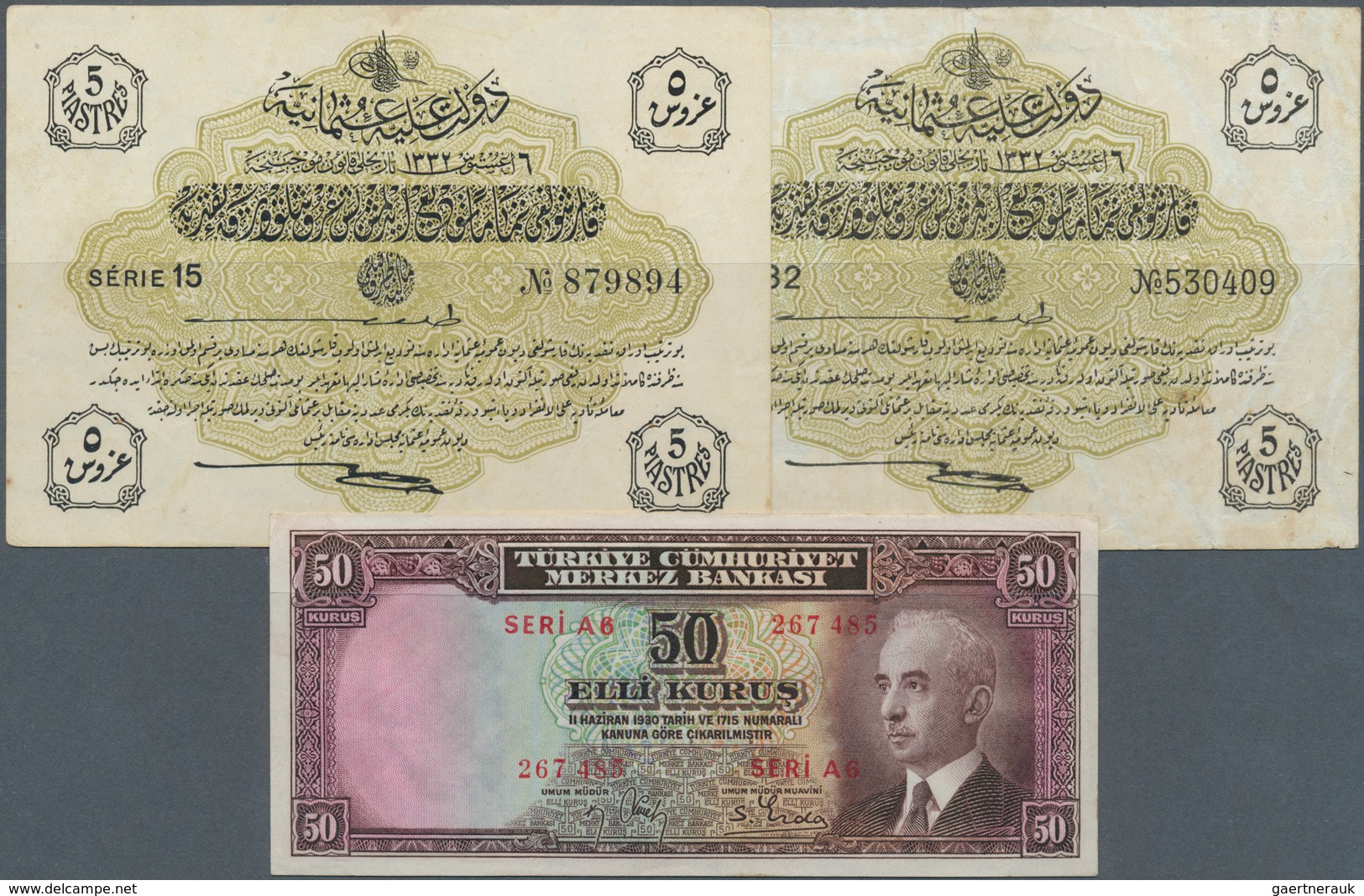 Turkey / Türkei: Set Of 3 Notes Containing 2x 5 Piastres ND P. 87 (VF+ And VF-) As Well As 50 Kurus - Turkije